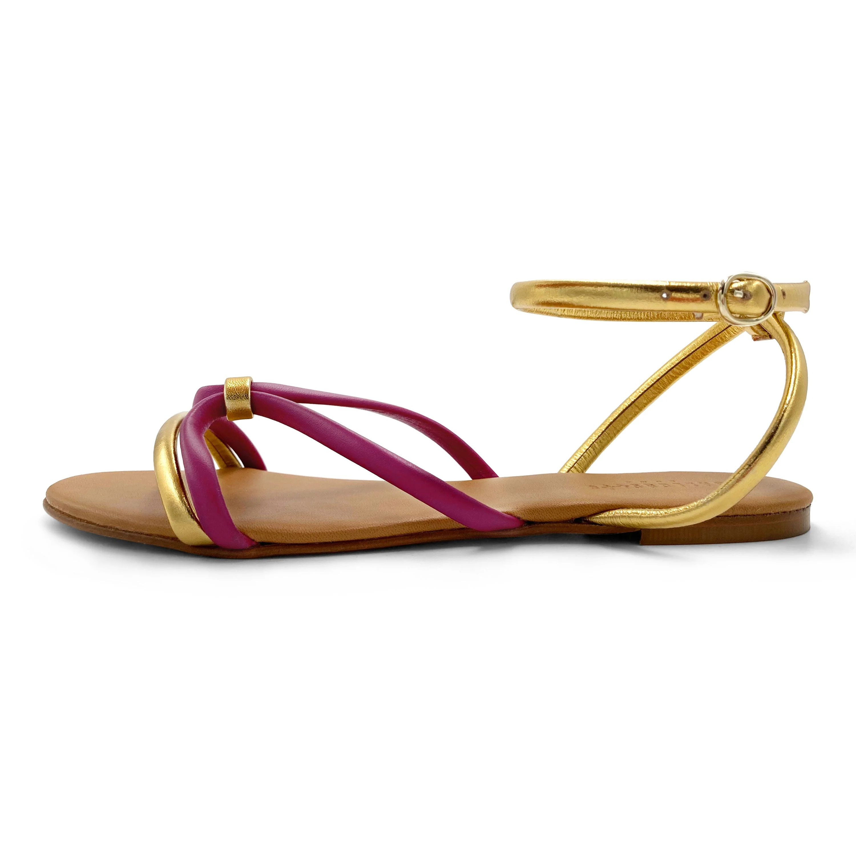Anckle strap women flat sandals in fucsia and gold leather - Image 4