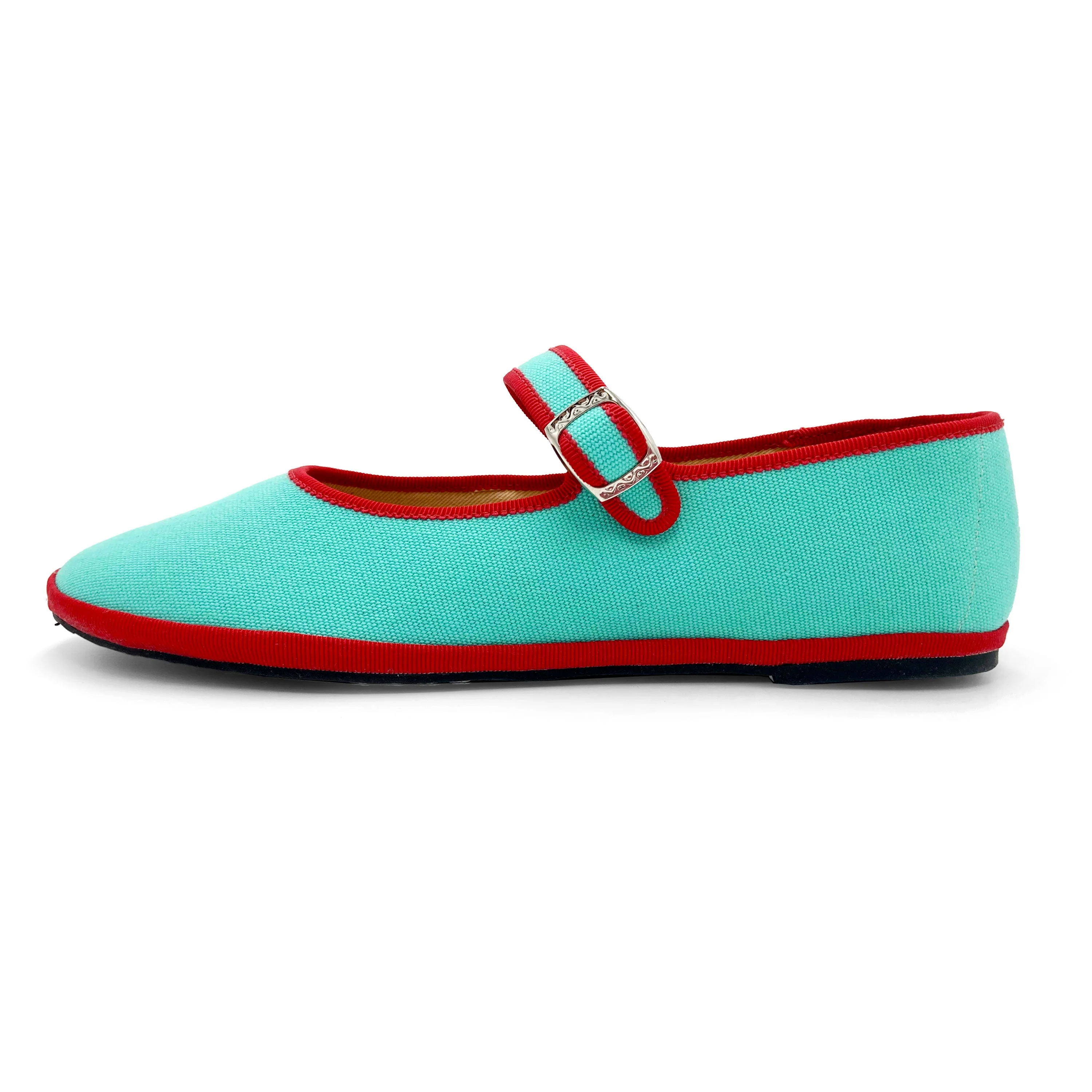 Aqua blue cotton Mary Jane friulane with red details - Image 4