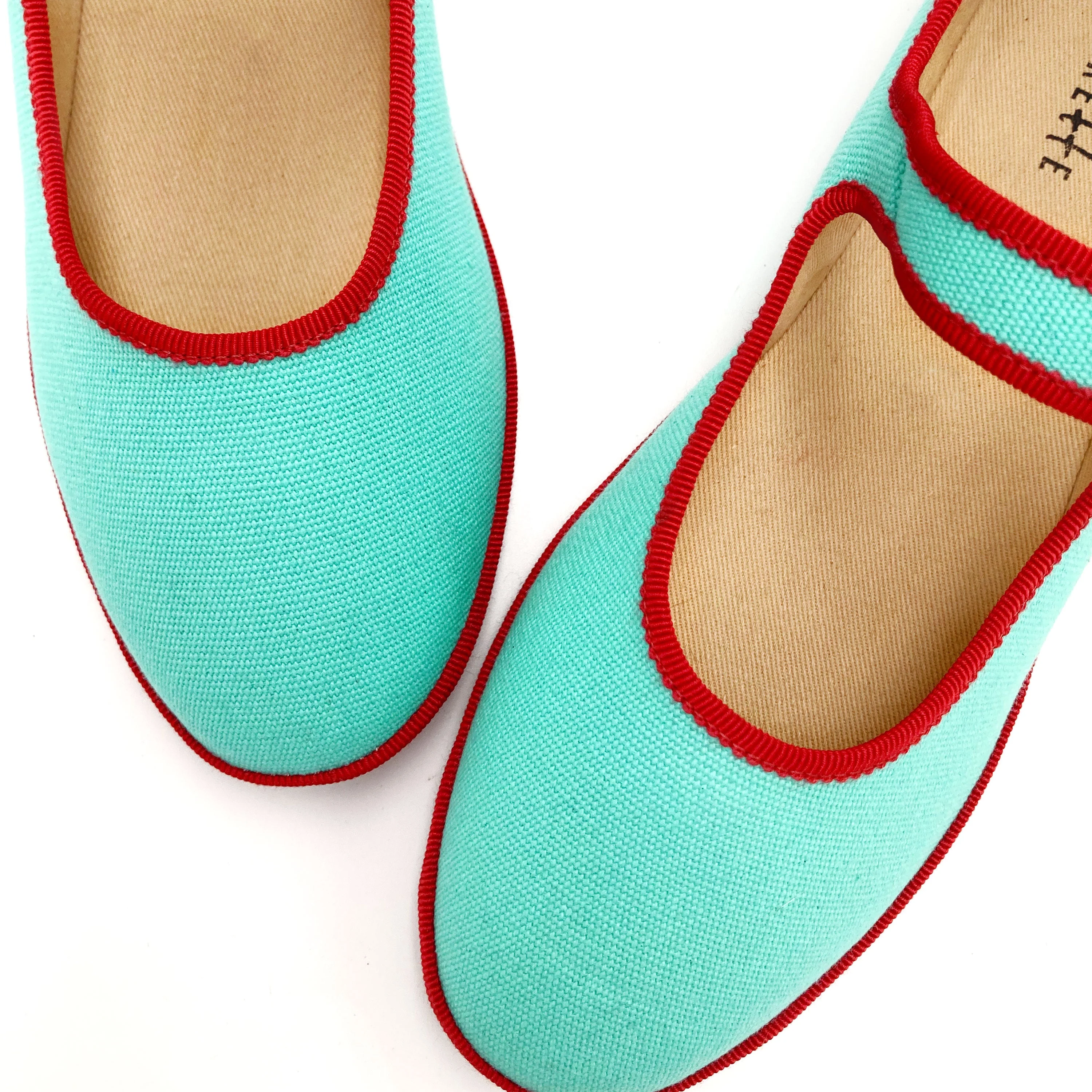 Aqua blue cotton Mary Jane friulane with red details - Image 5