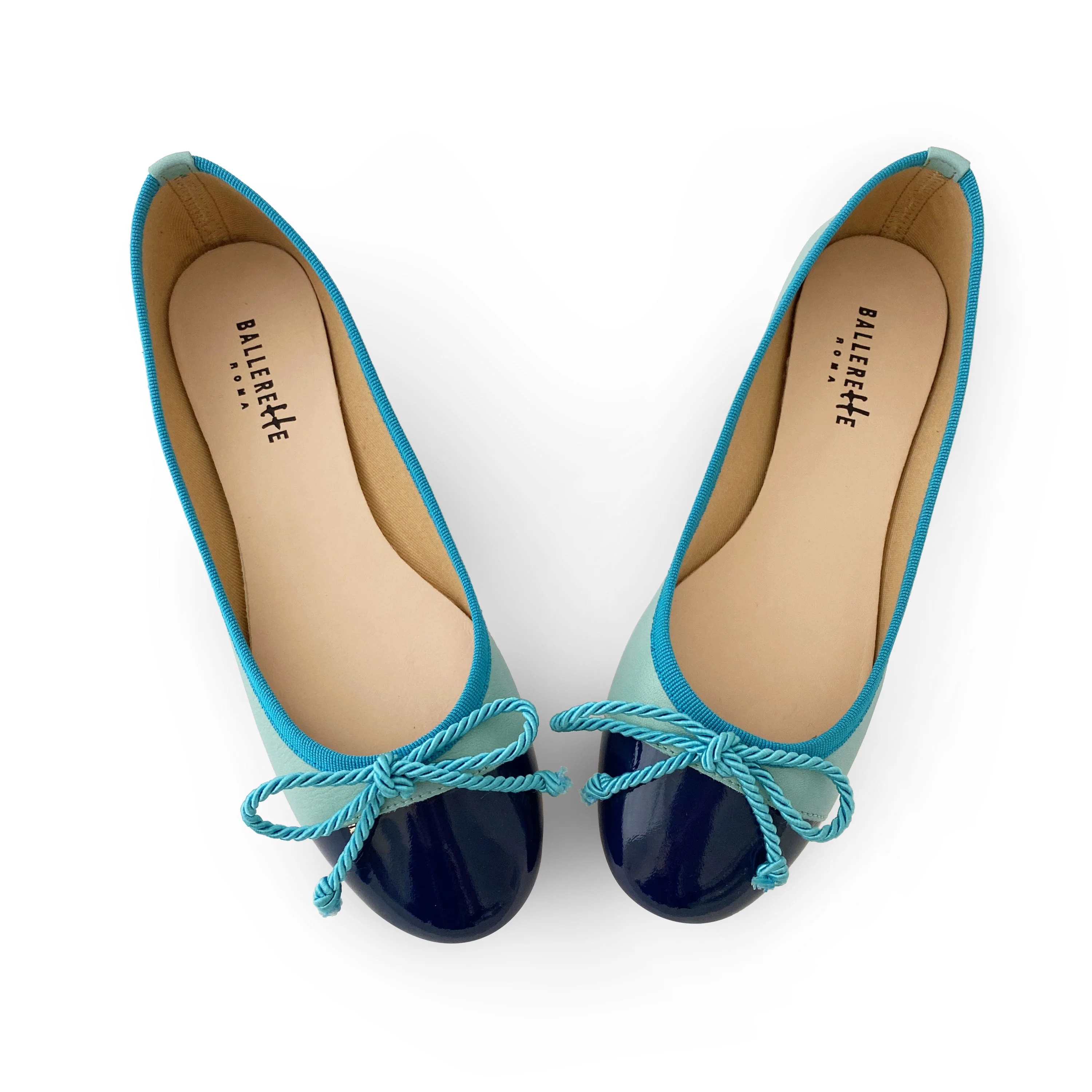 Aquamarine leather ballet flats with turquoise toe and bow - Image 2