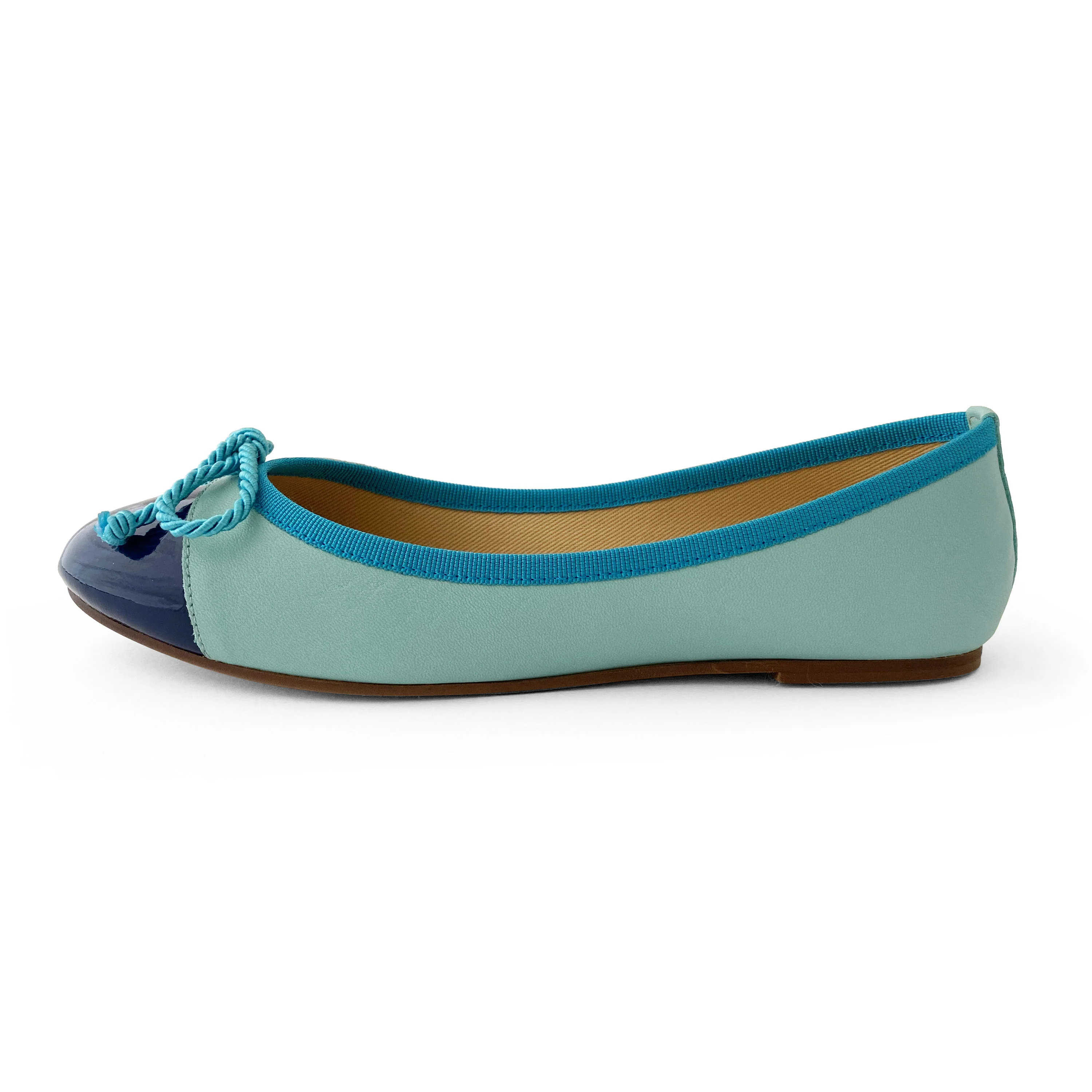Aquamarine leather ballet flats with turquoise toe and bow - Image 3
