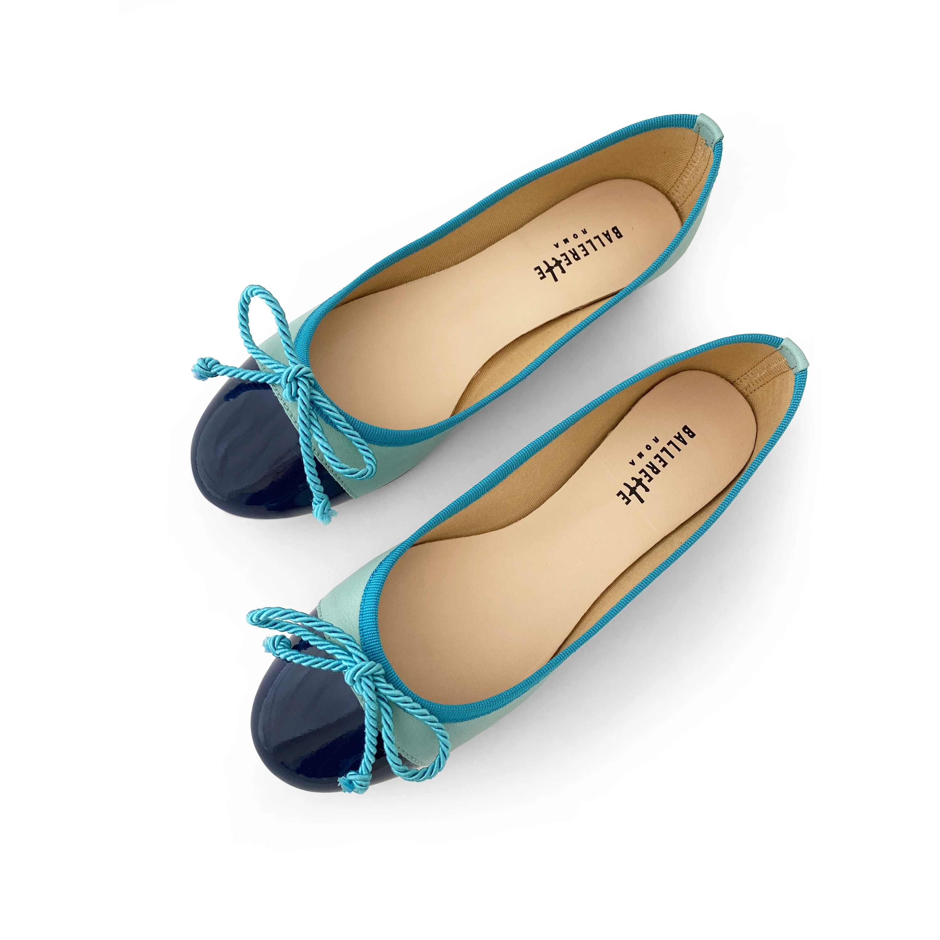 Aquamarine leather ballet flats with turquoise toe and bow - Image 4
