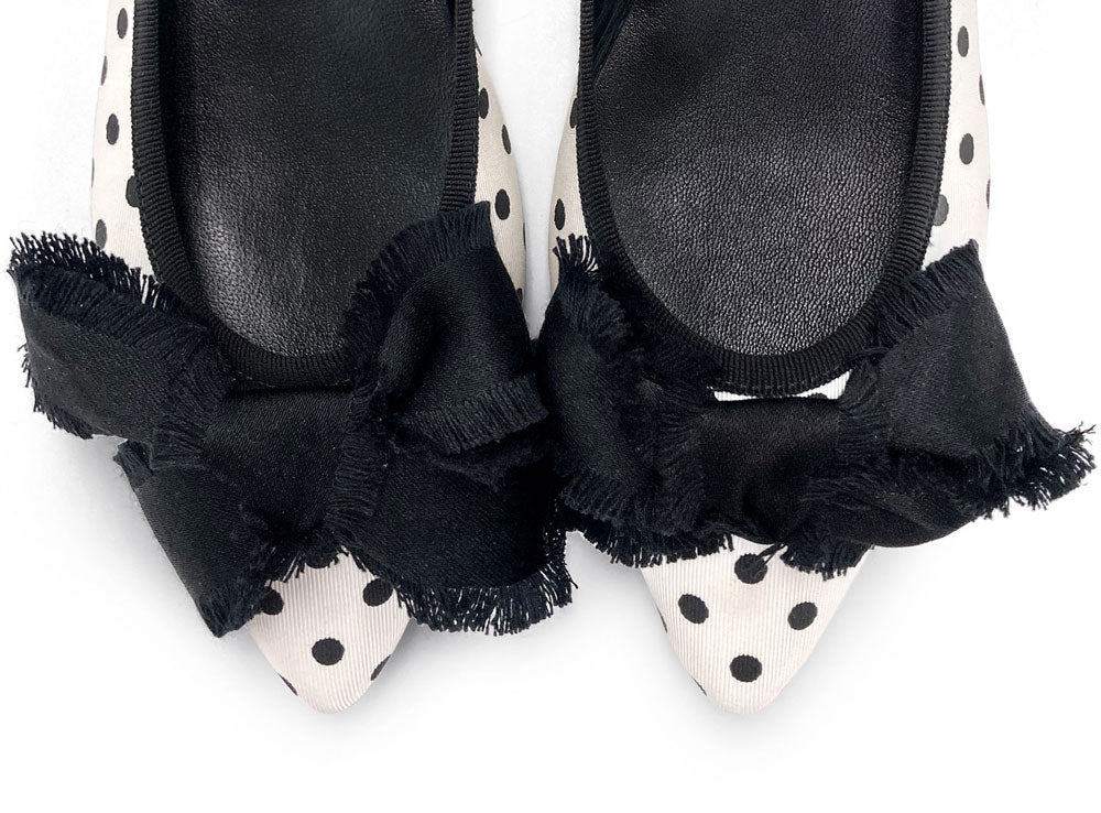 Black and white polka dot fabric ballet flats with bow - Image 6