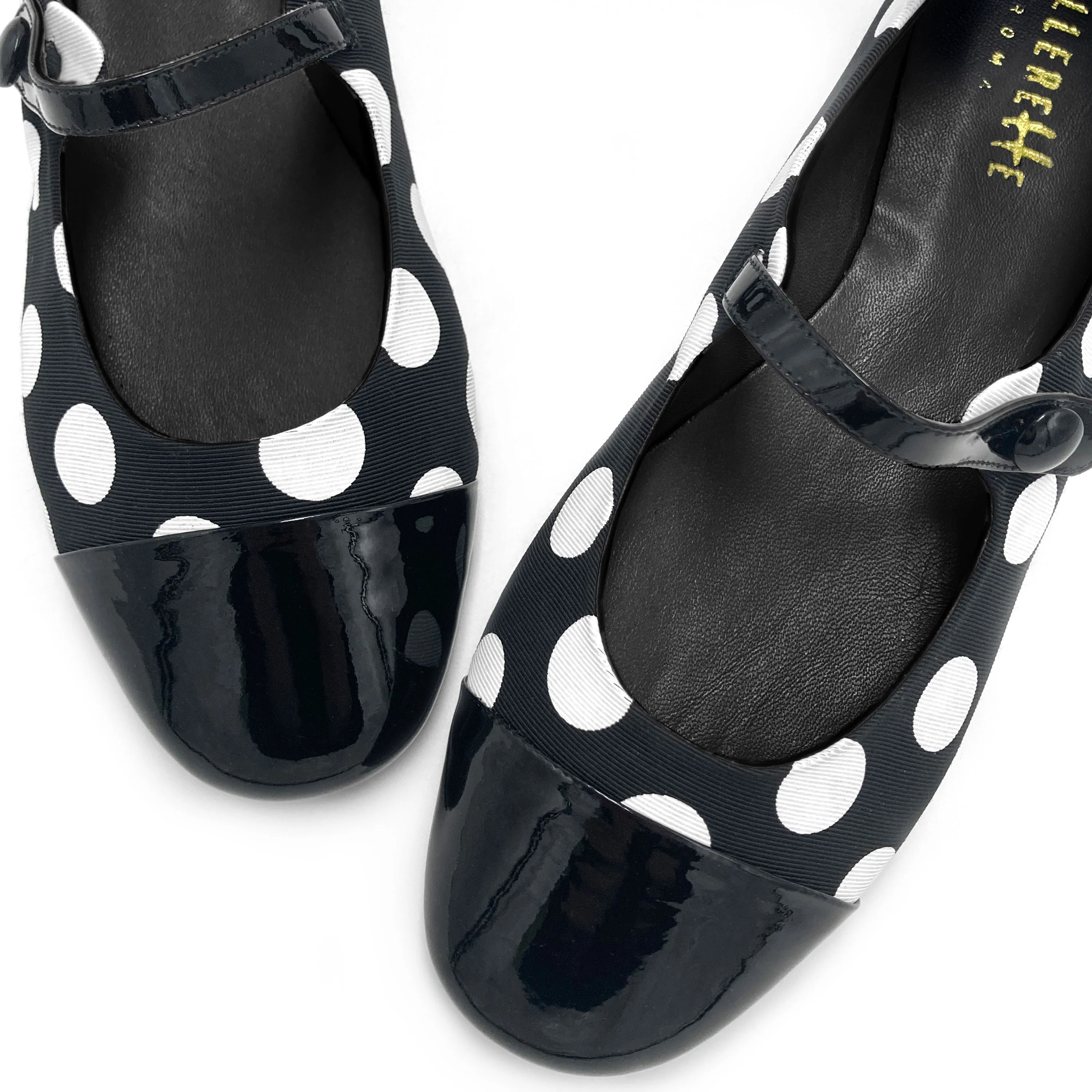 Black and white polka dot Mary Jane ballet flats in fabric - Image 3