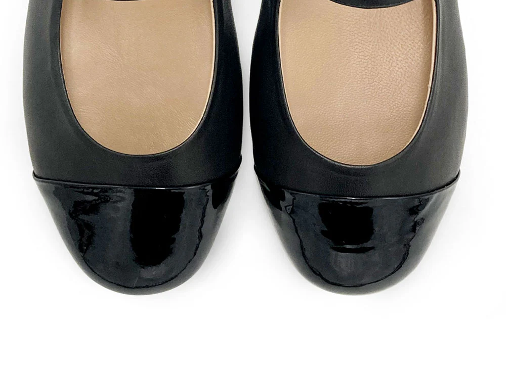 Black ballet flats with black patent toe and strap - Image 5