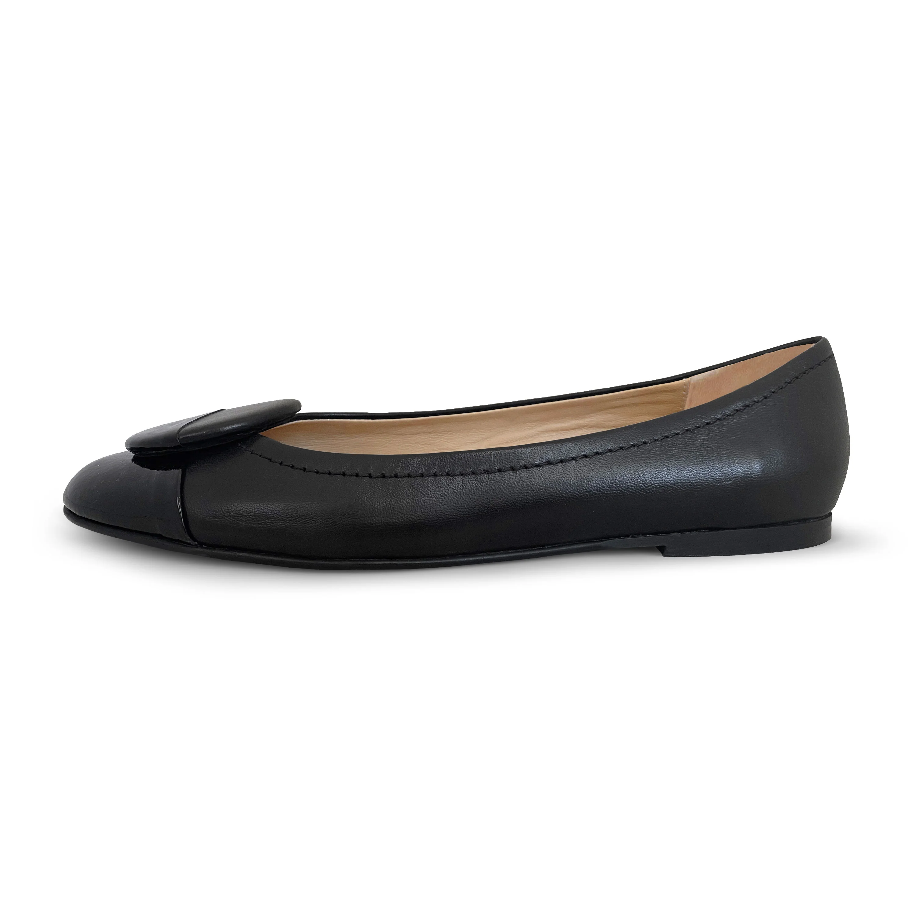 Black leather ballet flats with black patent toe and stud - Image 3