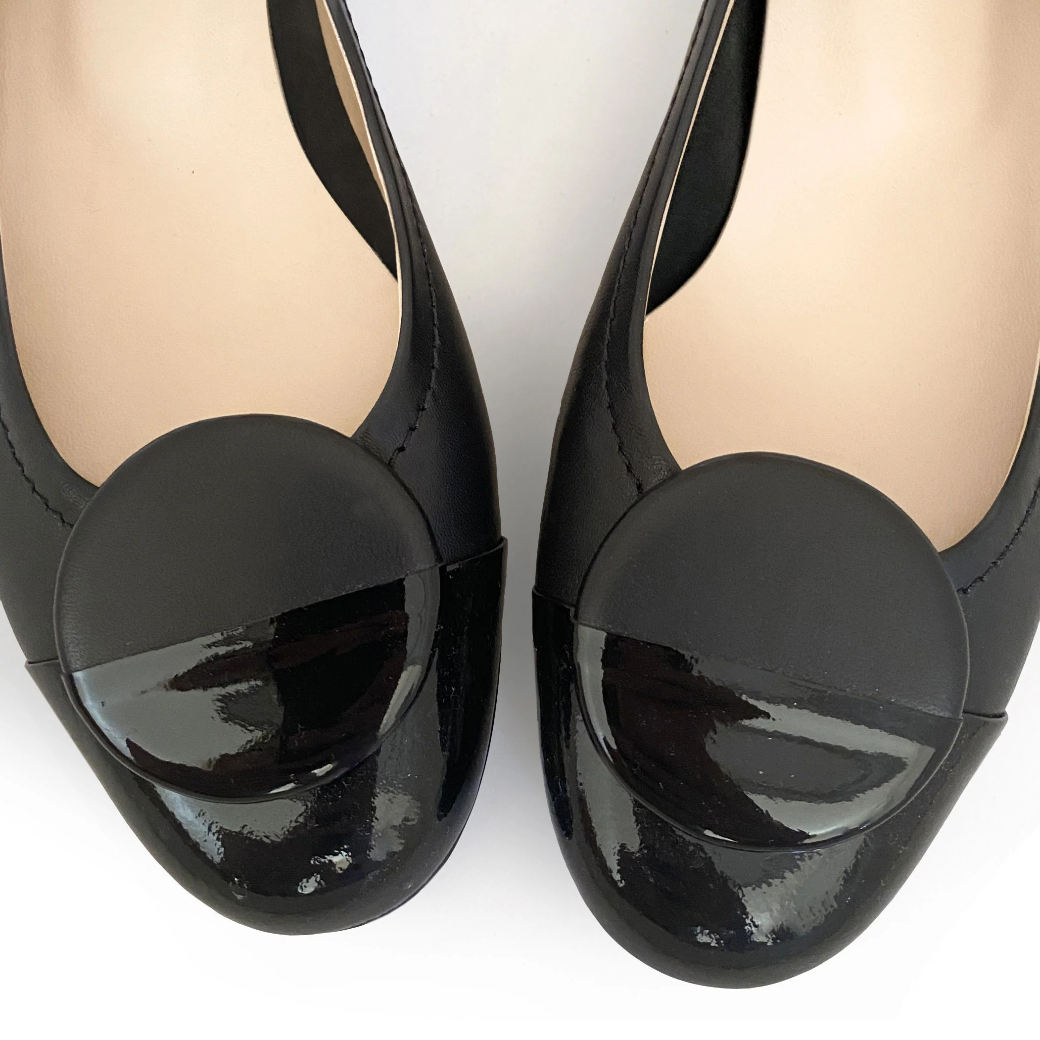 Black leather ballet flats with black patent toe and stud - Image 4