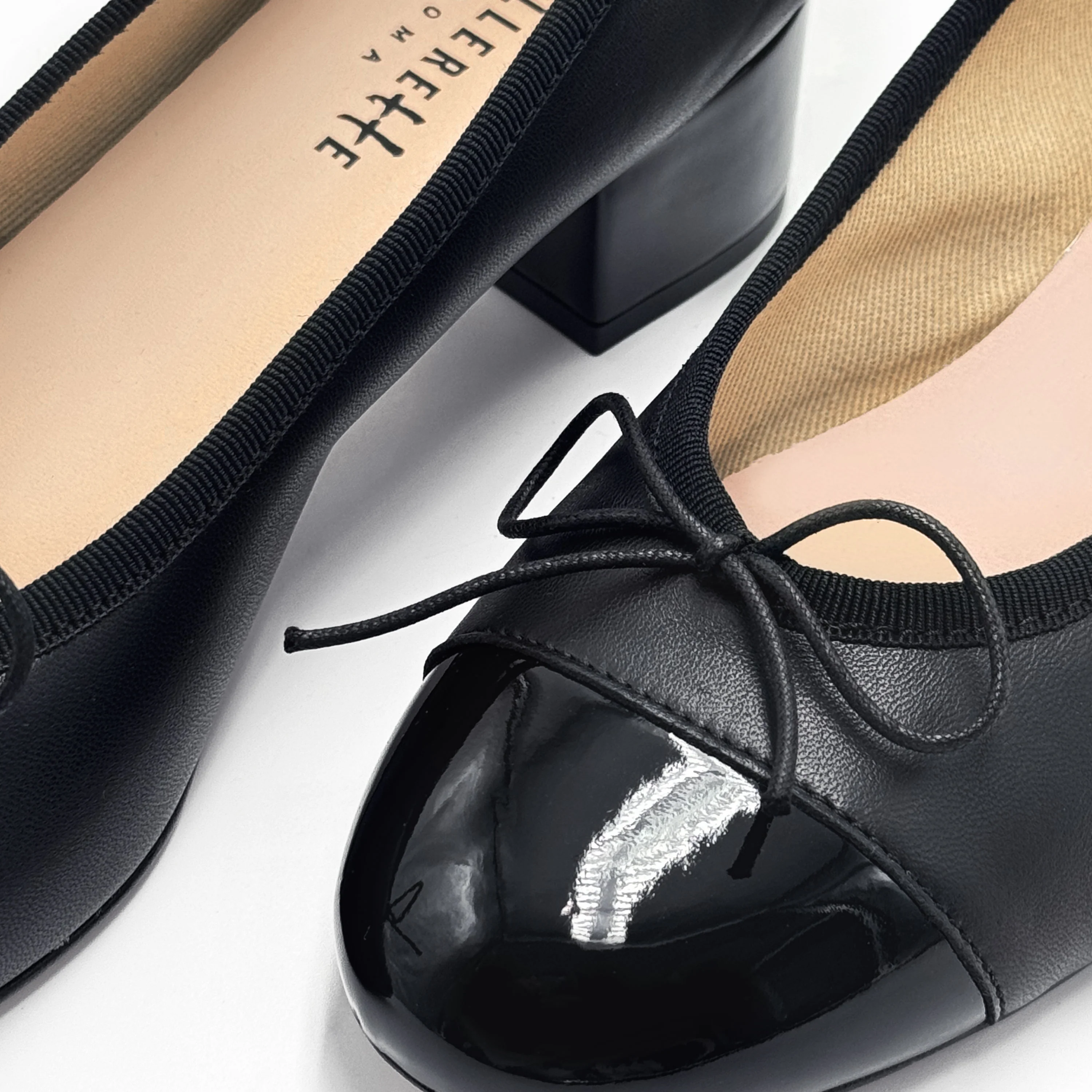Black leather ballet flats with high heel and patent toe - Image 5