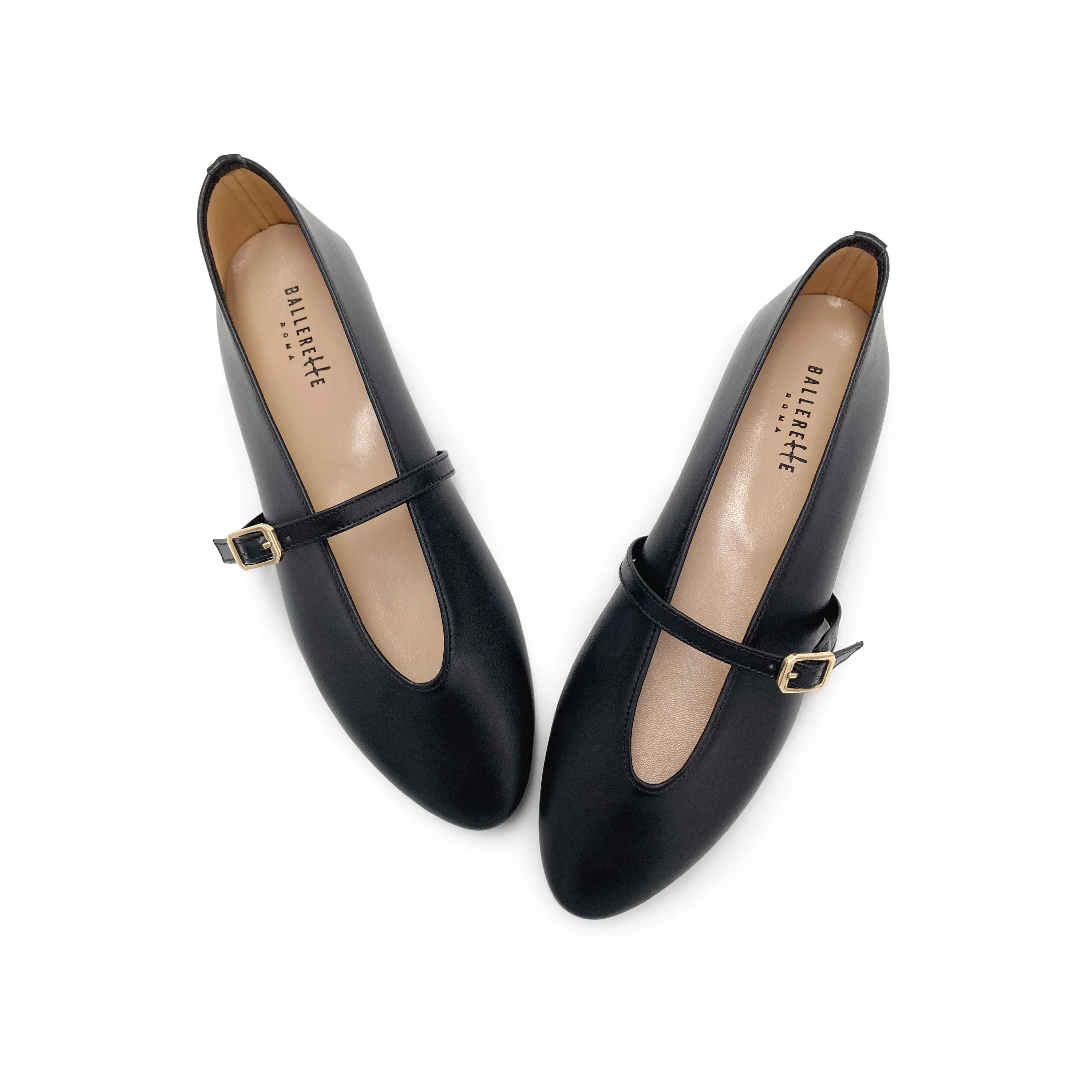 Black leather ballet flats with V-cut and strap - Image 2
