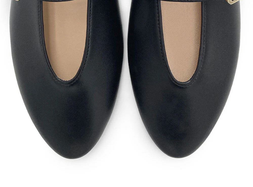 Black leather ballet flats with V-cut and strap - Image 6