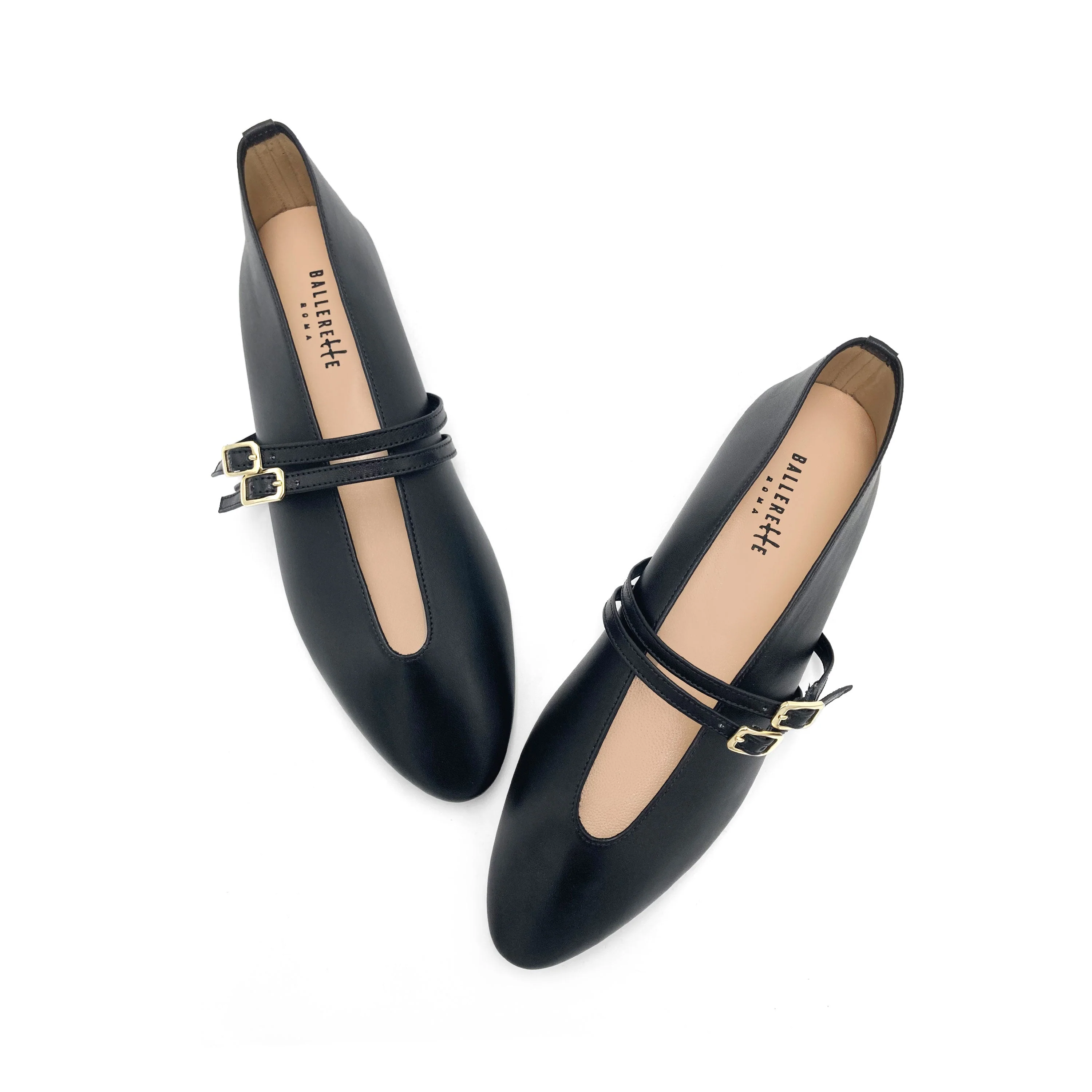 Black leather ballet flats with V cut and straps - Image 2