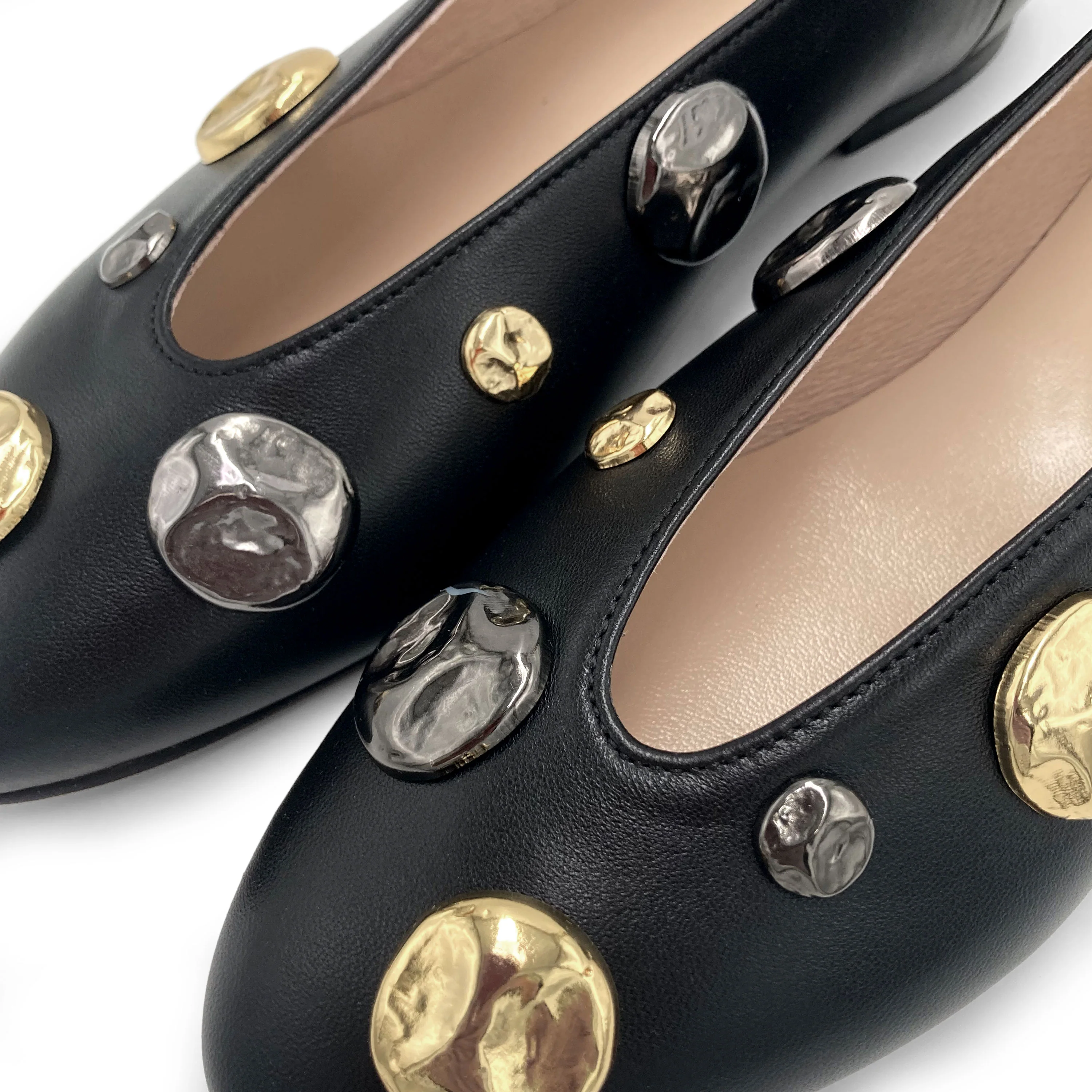 Black leather high shoe-vamp flats with gold and iron studs - Image 3
