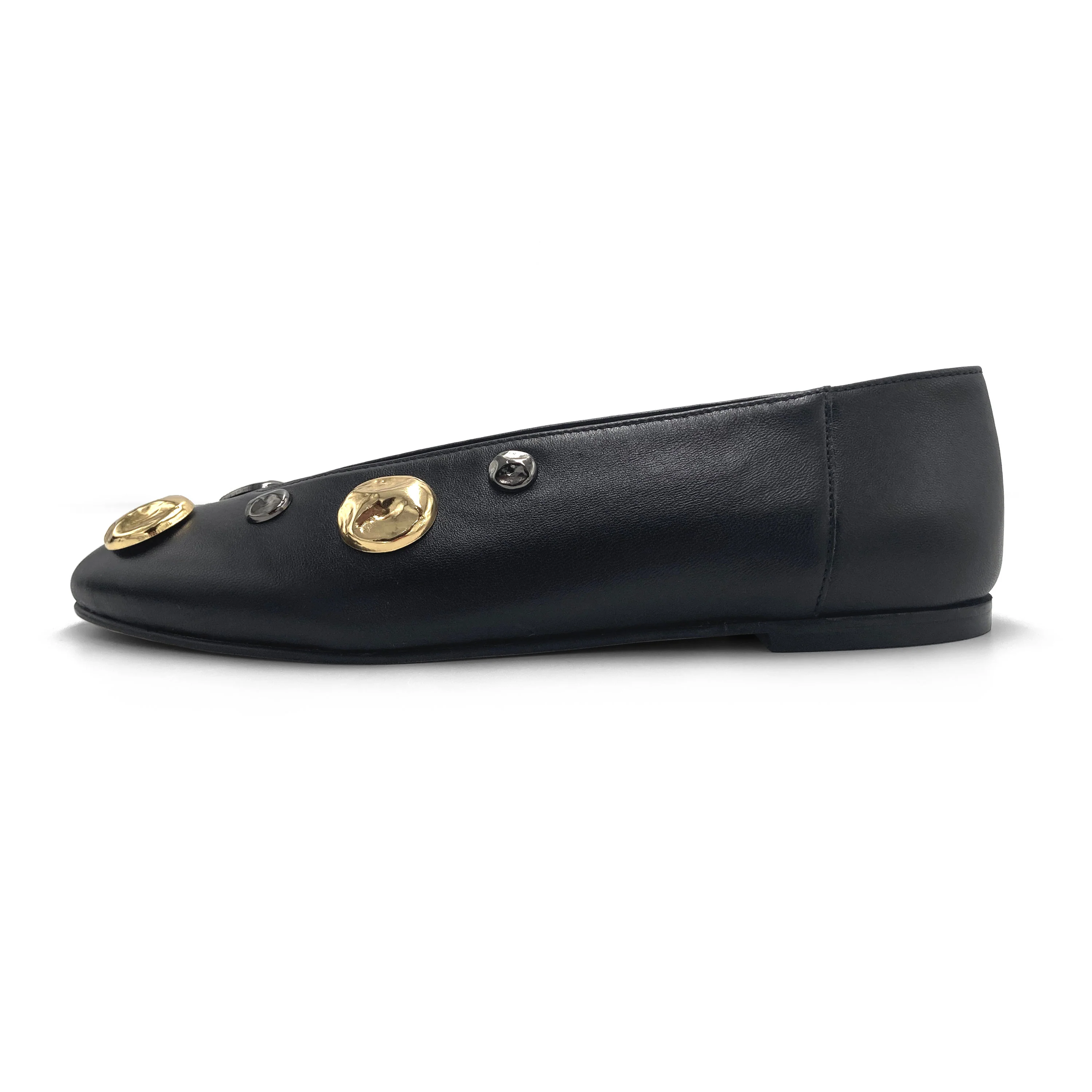 Black leather high shoe-vamp flats with gold and iron studs - Image 4