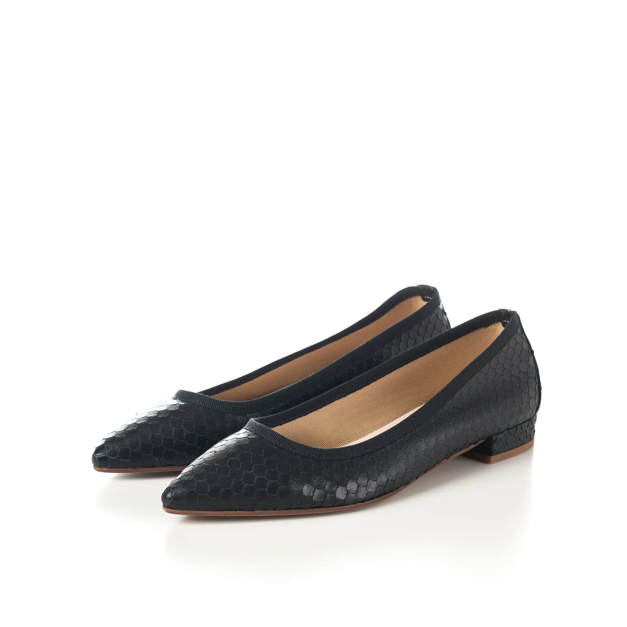 Black leather pointed toe ballet flats with cobra-skin effect - Image 2