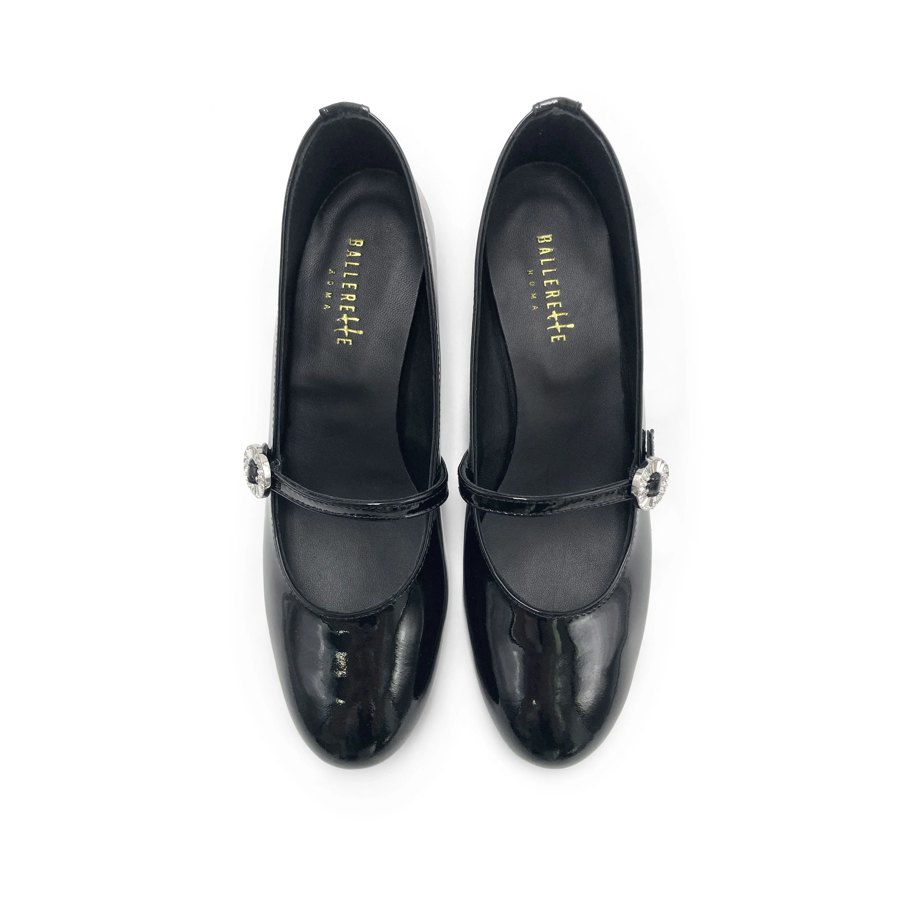 Black patent leather Mary Jane ballet flats with heel and jewelled strap - Image 2