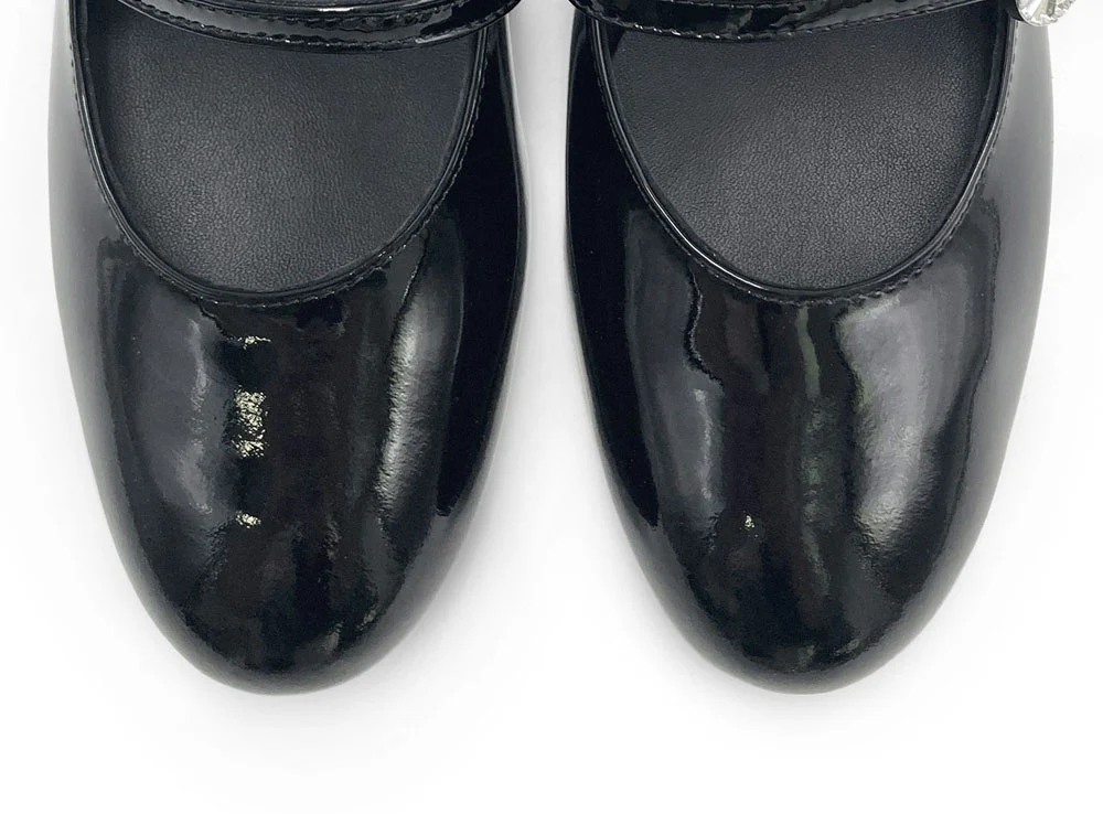Black patent leather Mary Jane ballet flats with heel and jewelled strap - Image 6