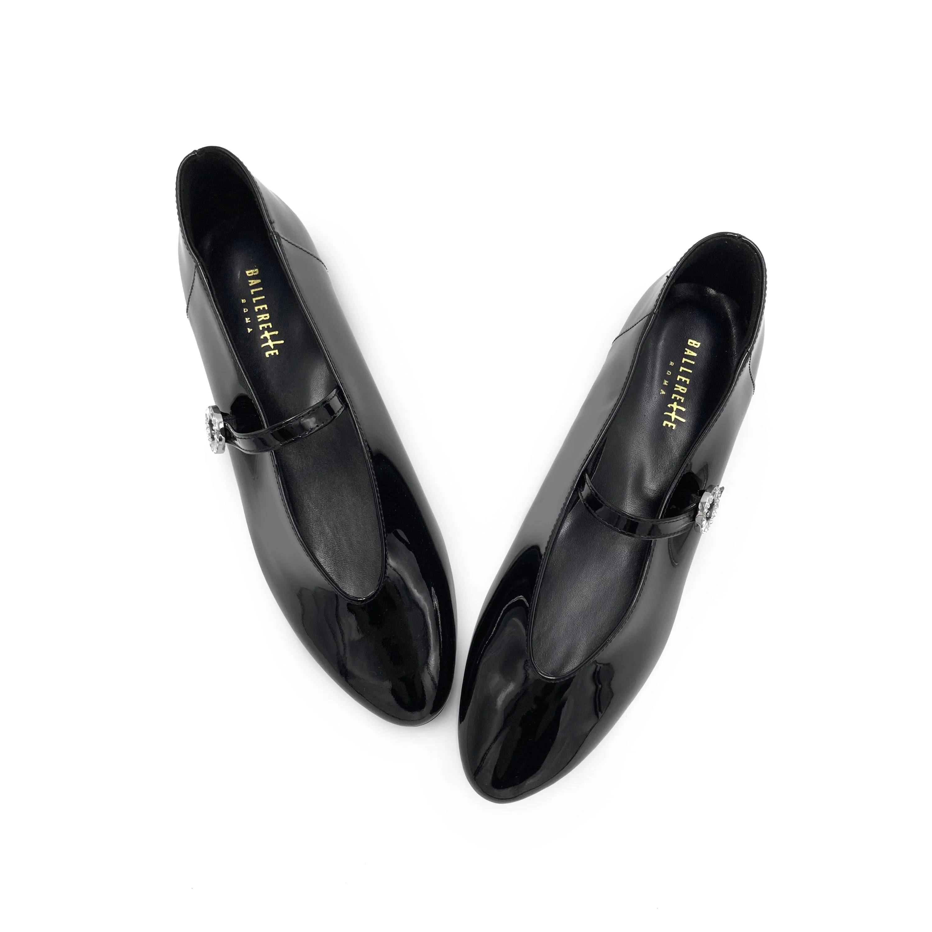 Black patent leather Mary Jane ballet flats with V-cut and jewelled strap - Image 2