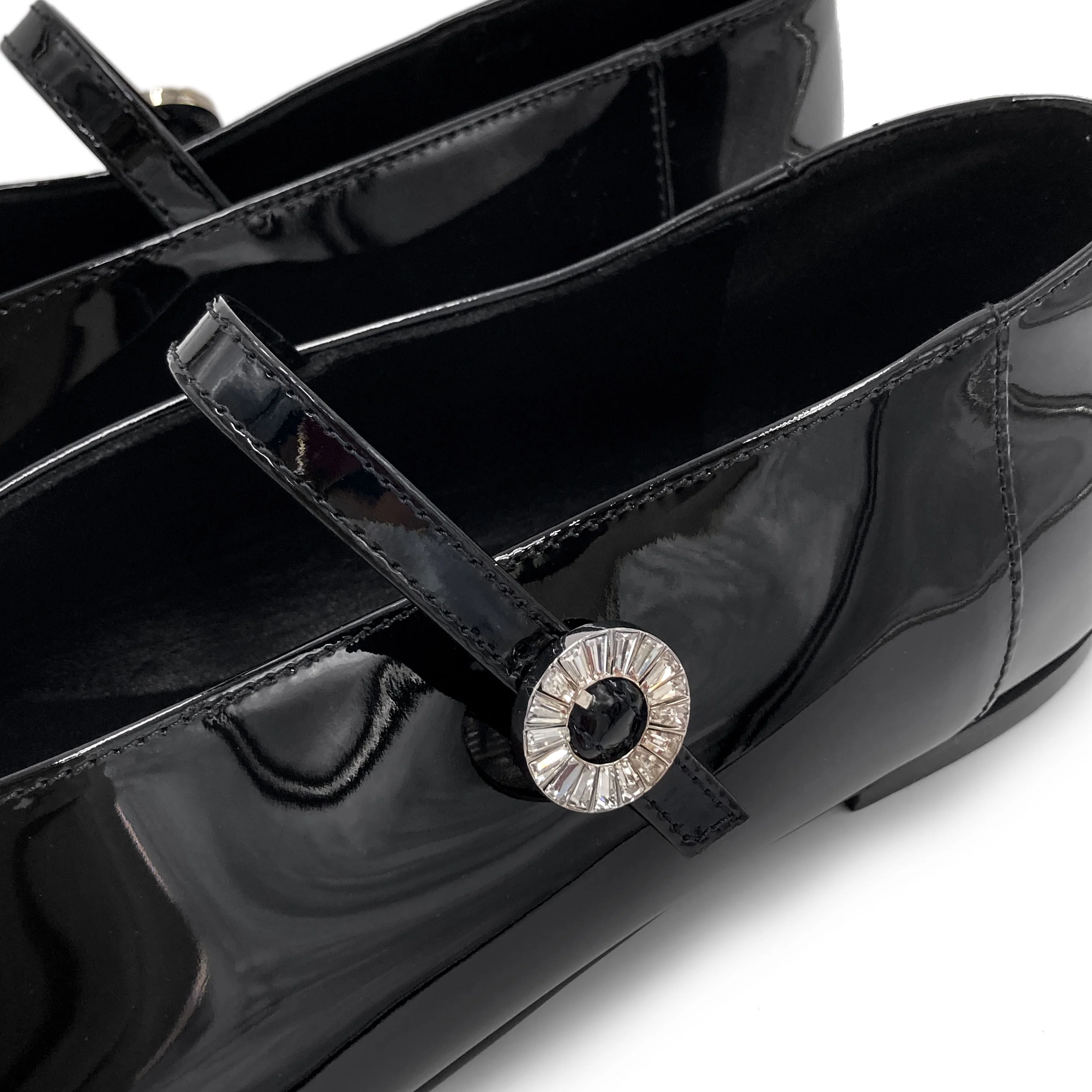 Black patent leather Mary Jane ballet flats with V-cut and jewelled strap - Image 3