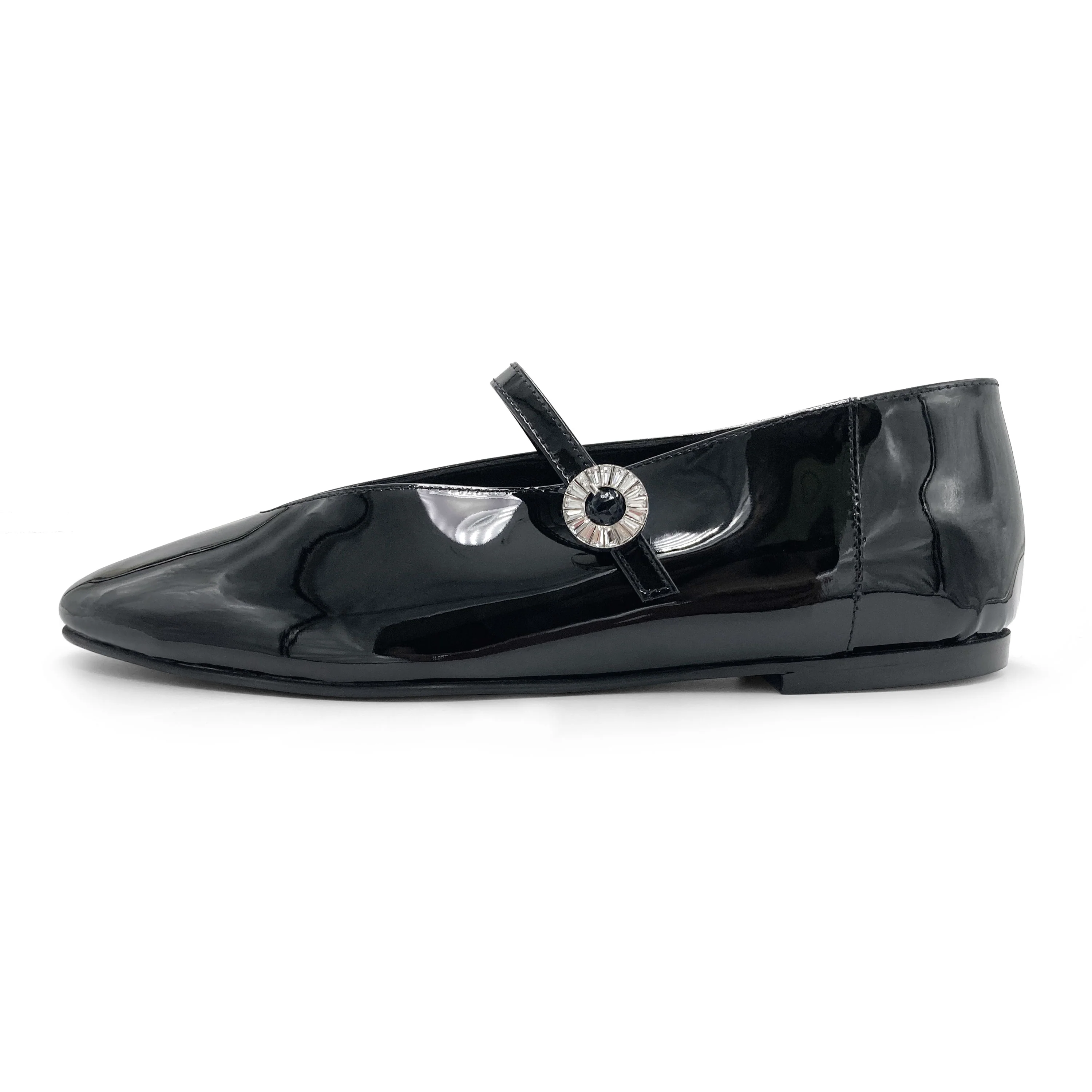 Black patent leather Mary Jane ballet flats with V-cut and jewelled strap - Image 4