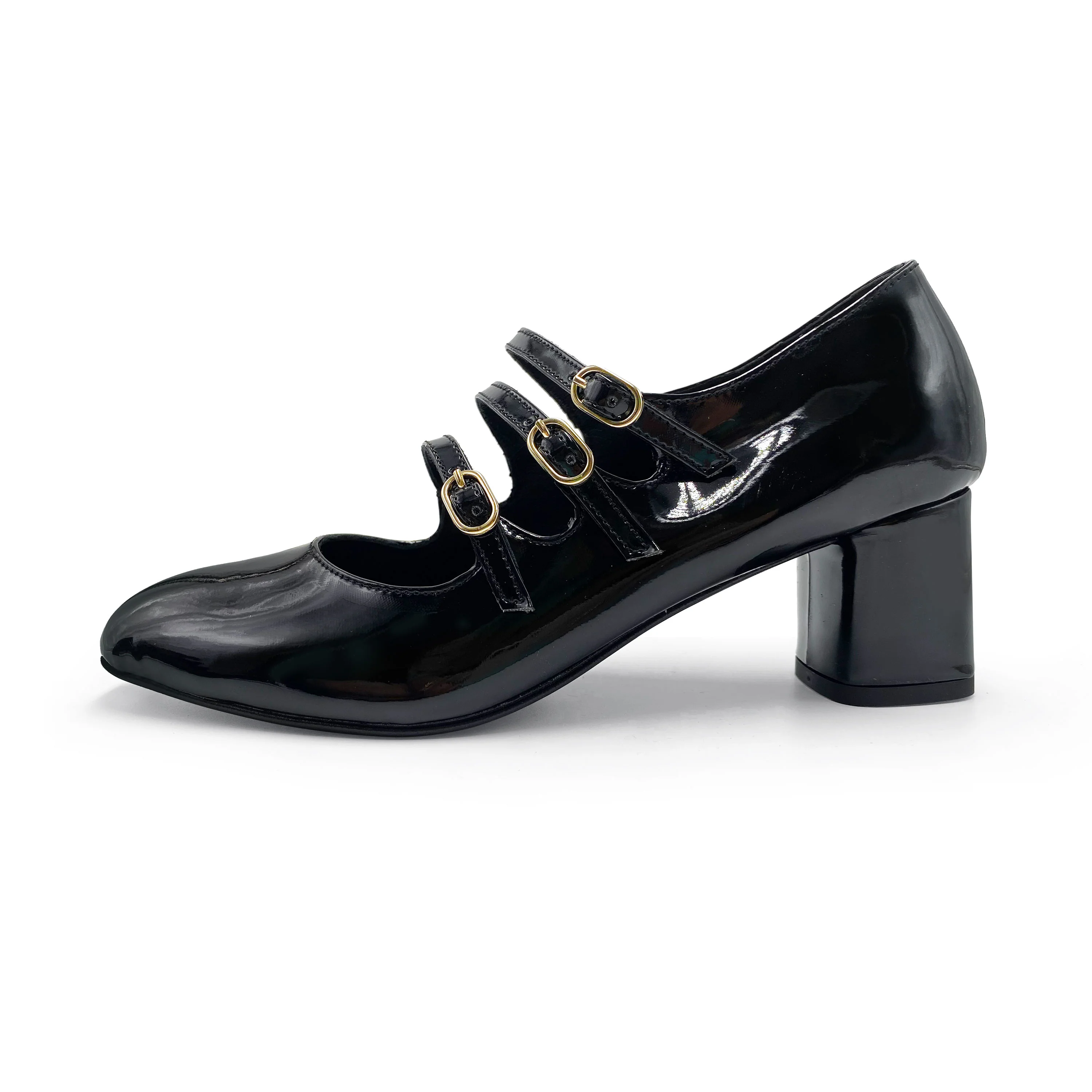Black patent leather Mary Jane shoes with three straps and high heel - Image 4
