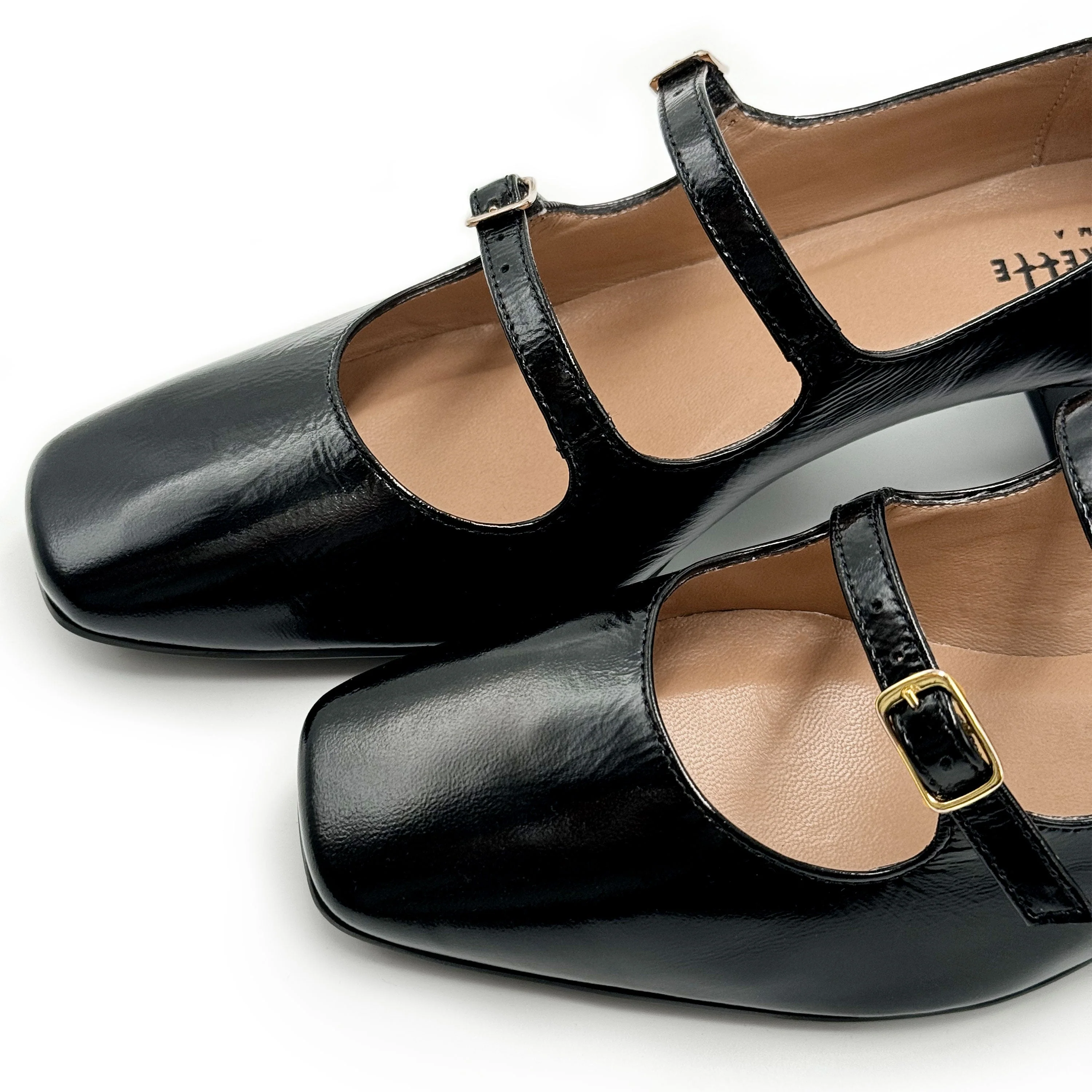 Black shiny leather Mary Jane shoes with two straps and high heels - Image 3
