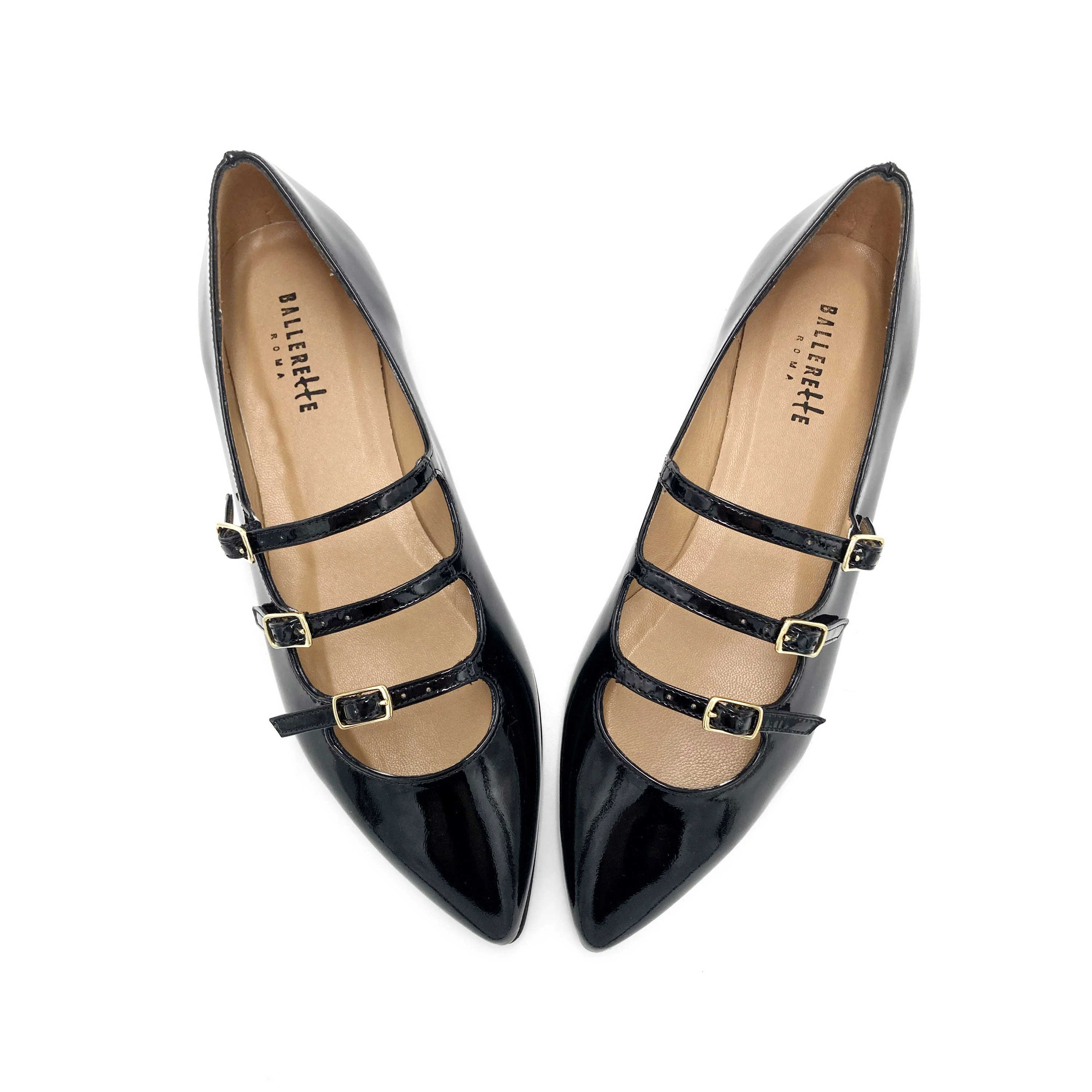 Black shiny pointed ballet flats with three straps - Image 2