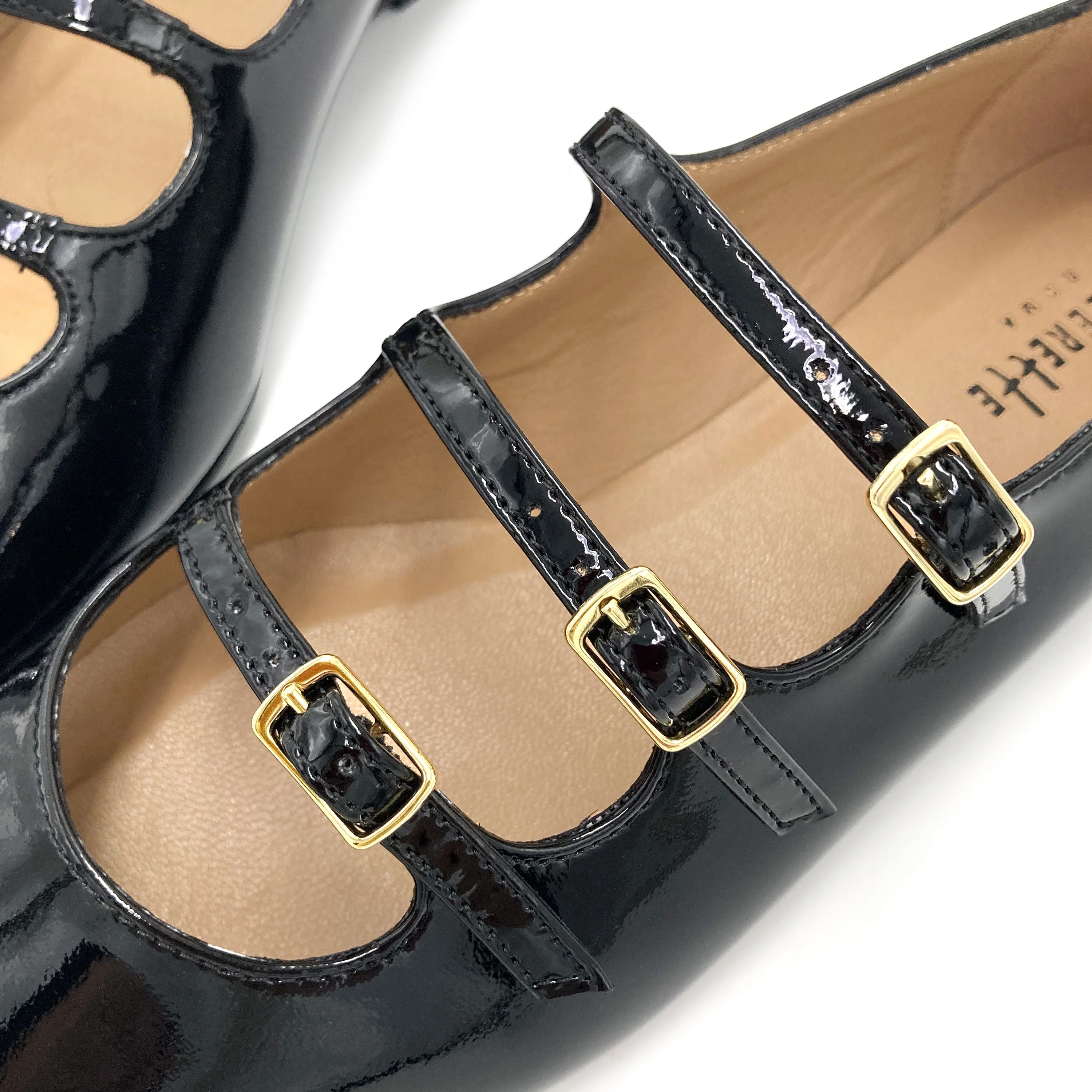 Black shiny pointed ballet flats with three straps - Image 3