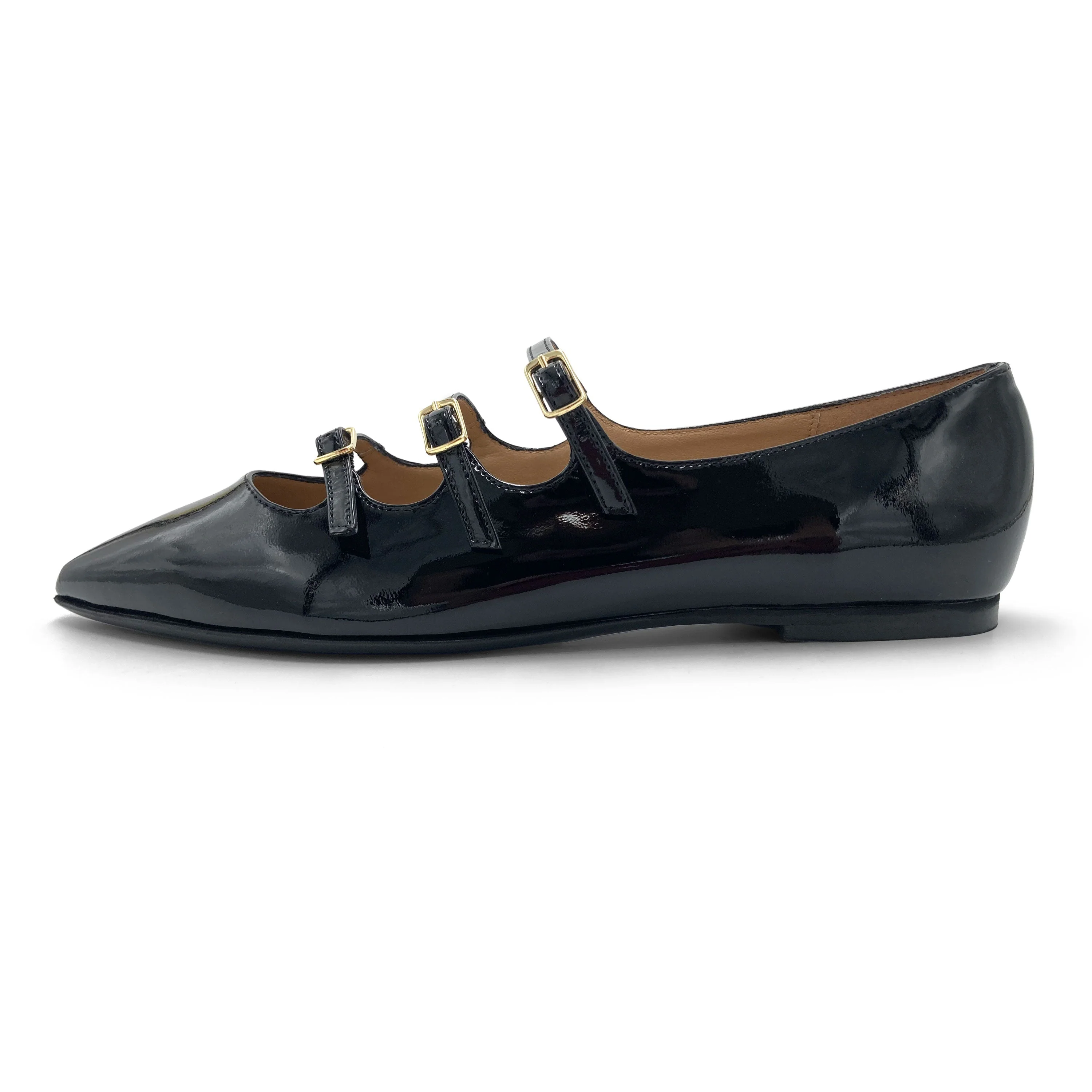 Black shiny pointed ballet flats with three straps - Image 4
