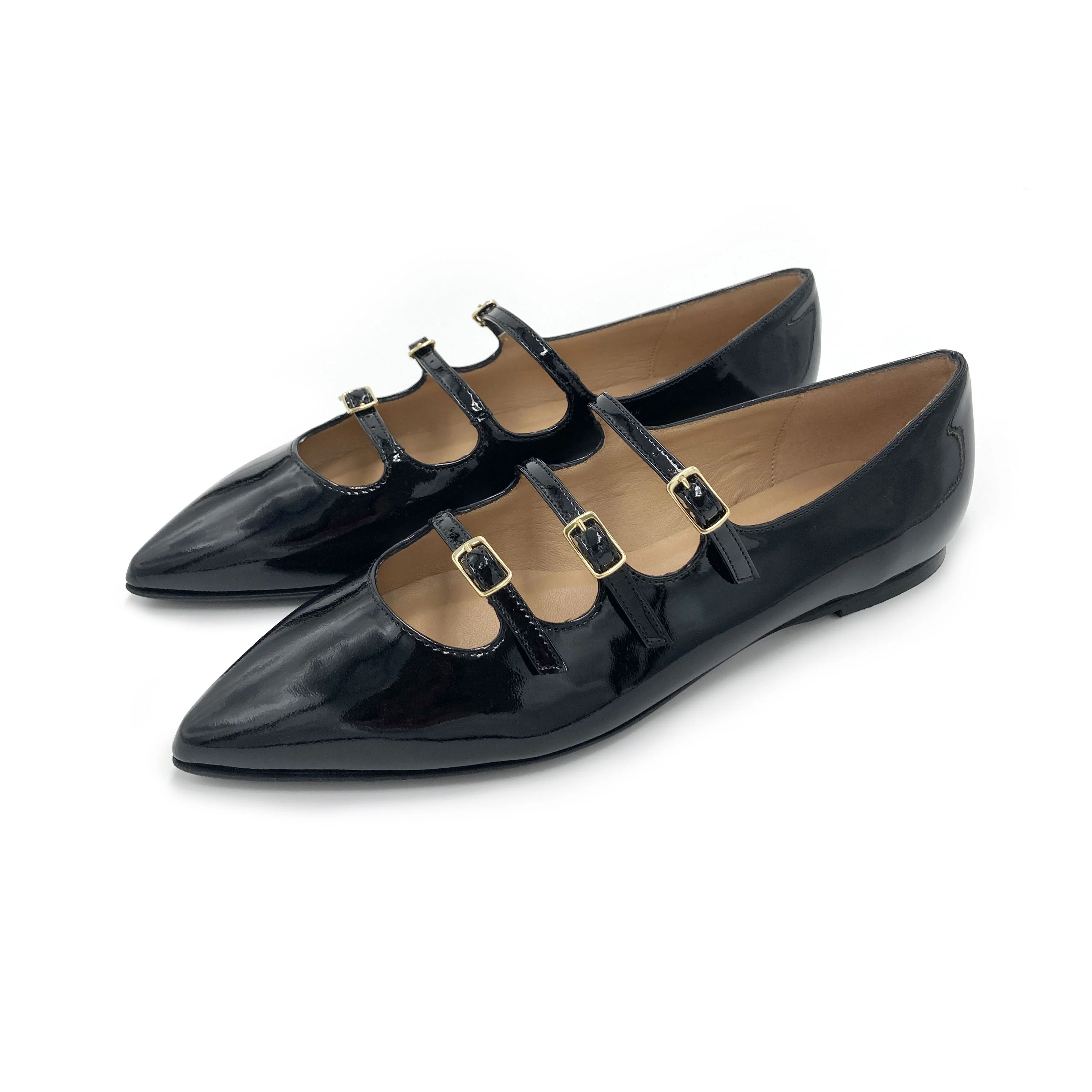 Black shiny pointed ballet flats with three straps - Image 5