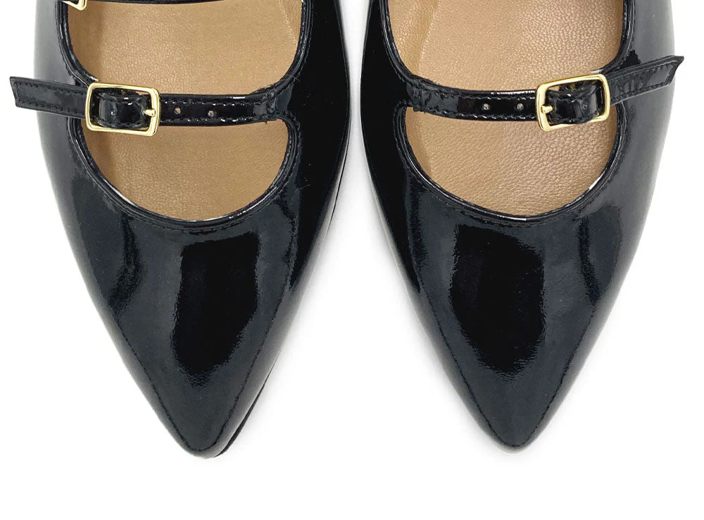 Black shiny pointed ballet flats with three straps - Image 6
