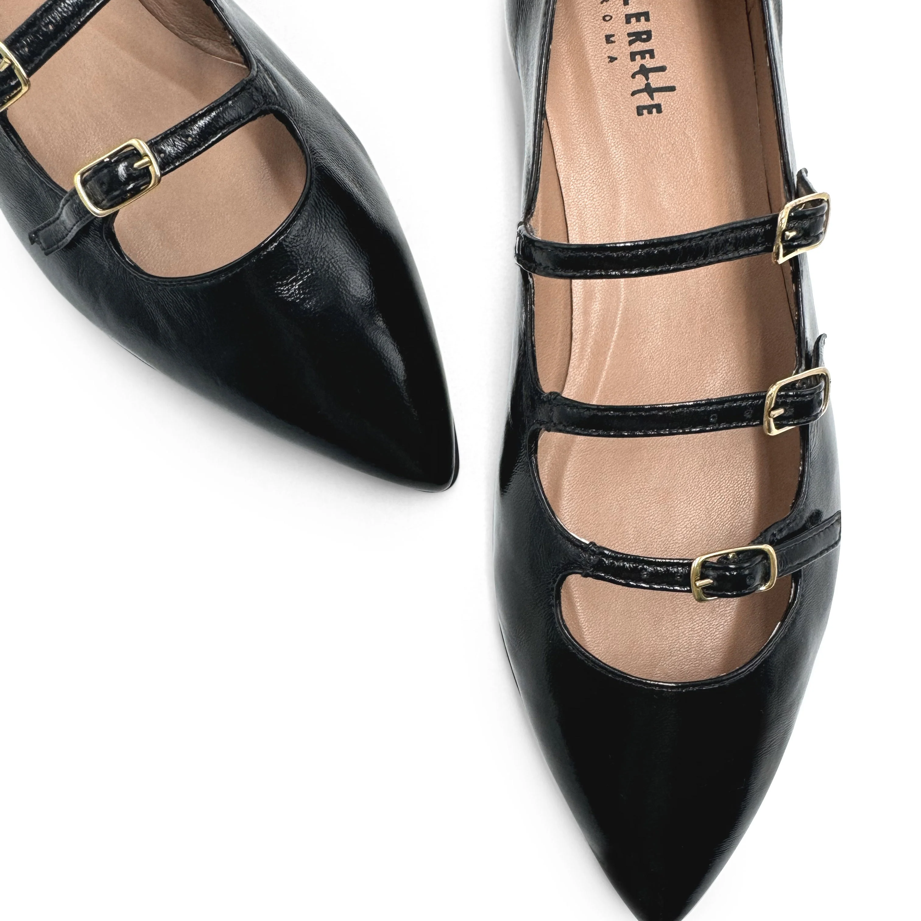 Black shiny pointed-toe ballet flats with straps - Image 3