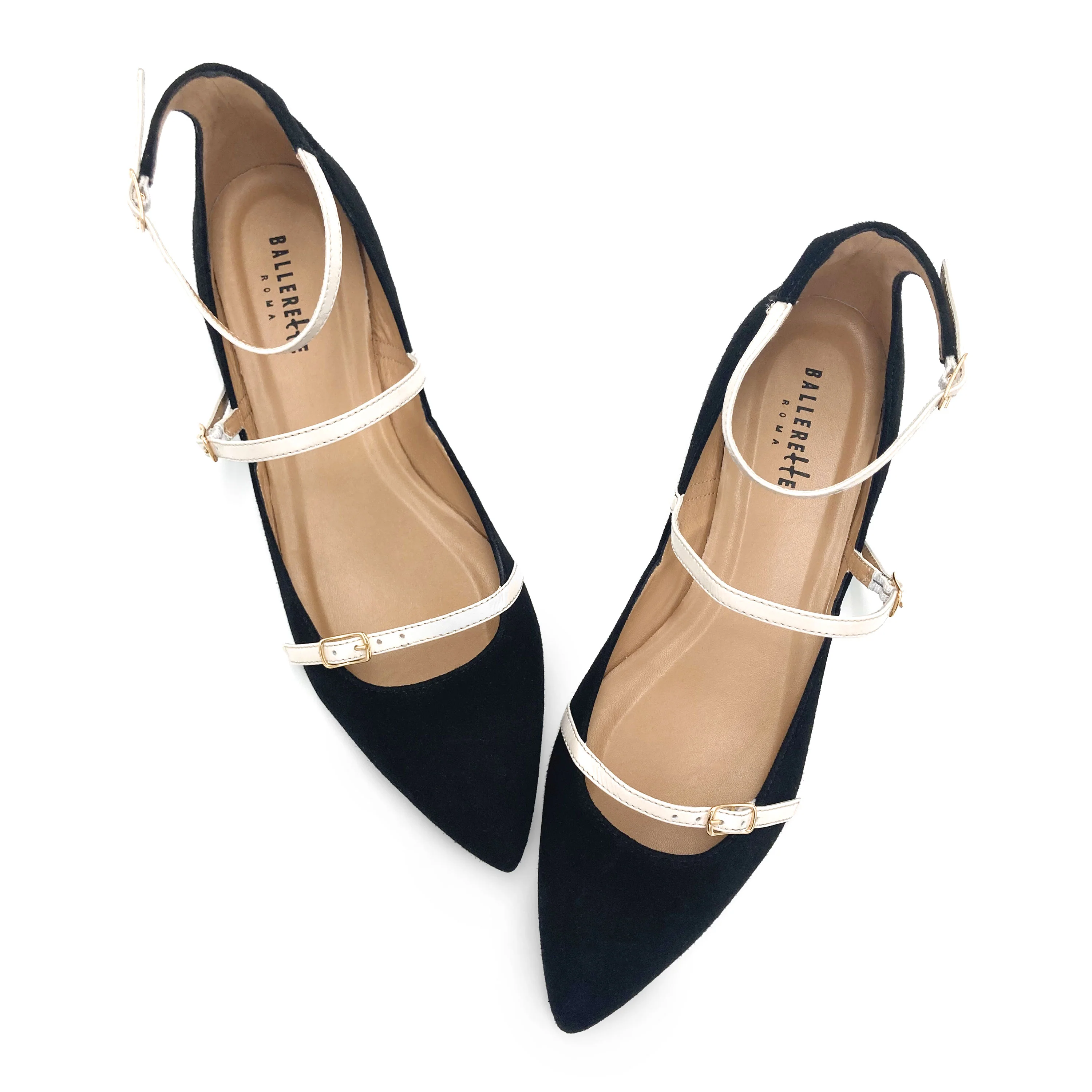 Black suede ballet flats with cream straps - Image 2
