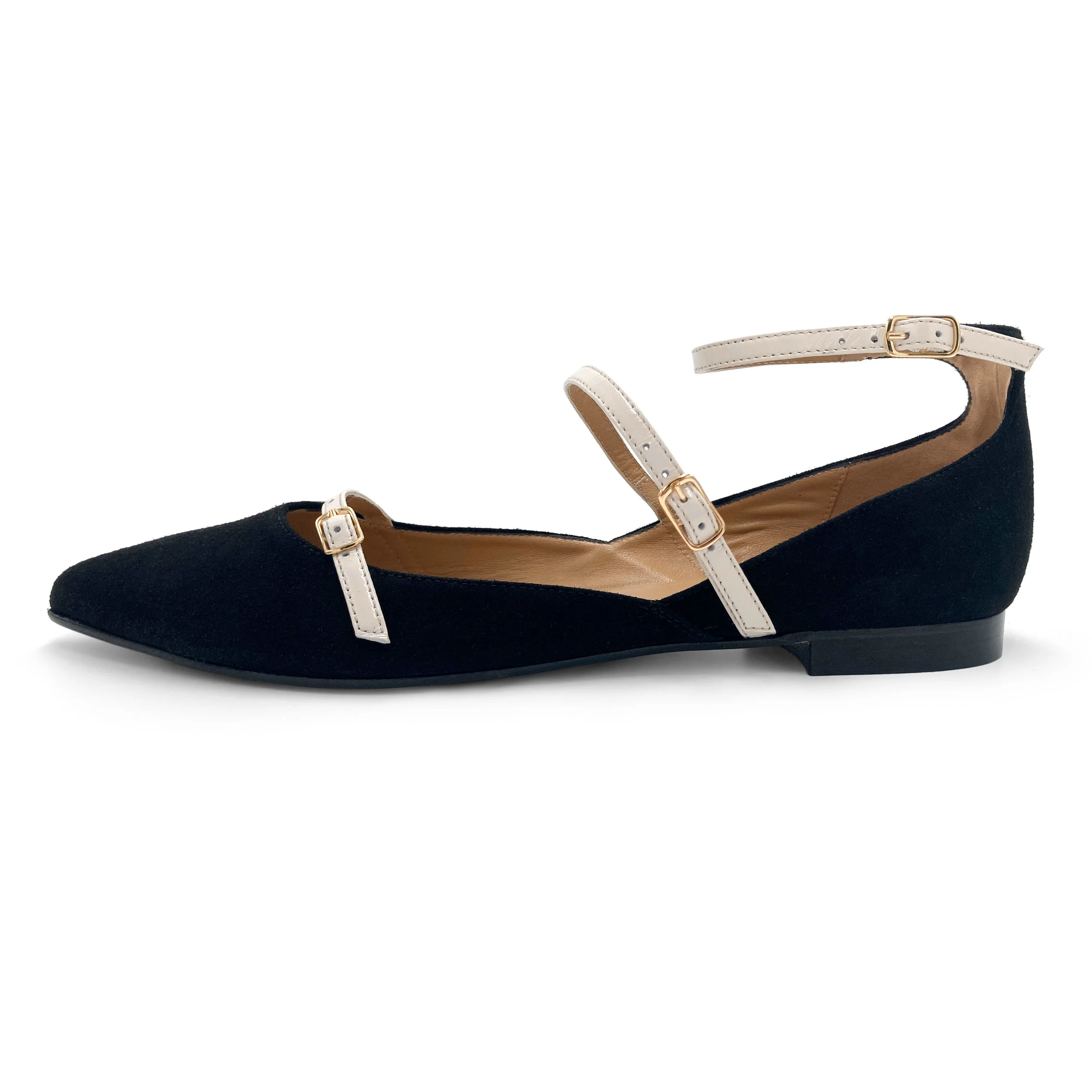 Black suede ballet flats with cream straps - Image 4
