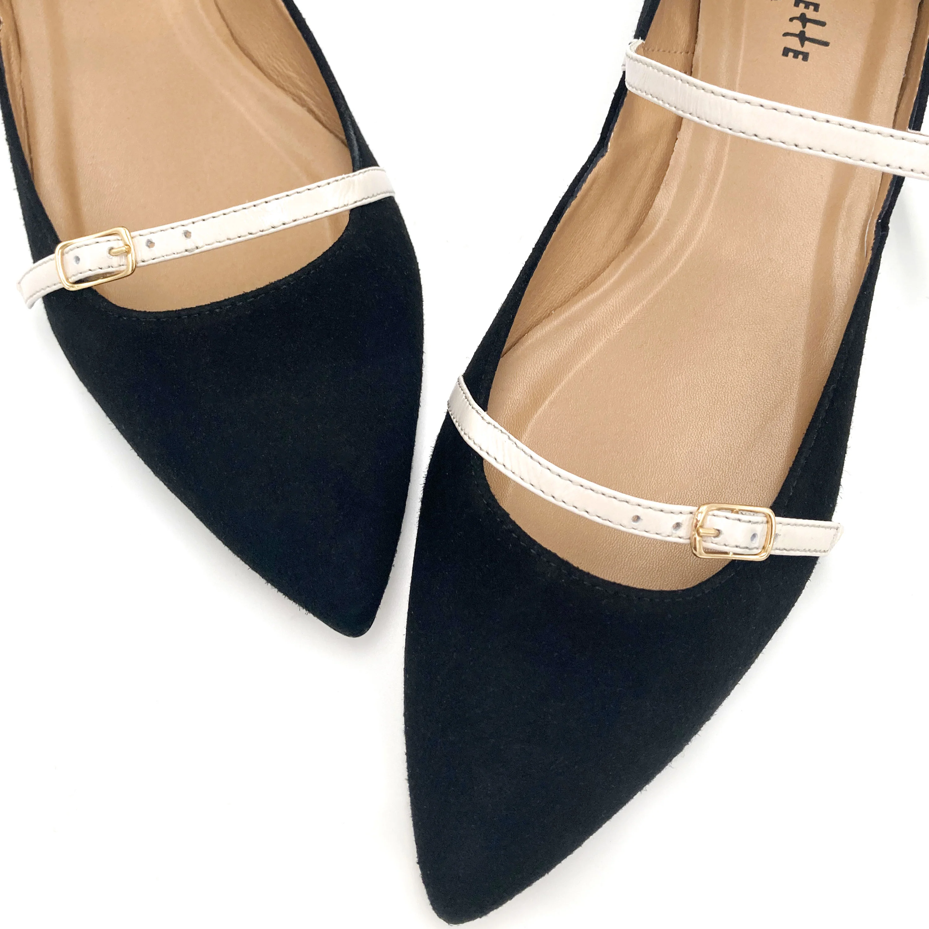 Black suede ballet flats with cream straps - Image 5