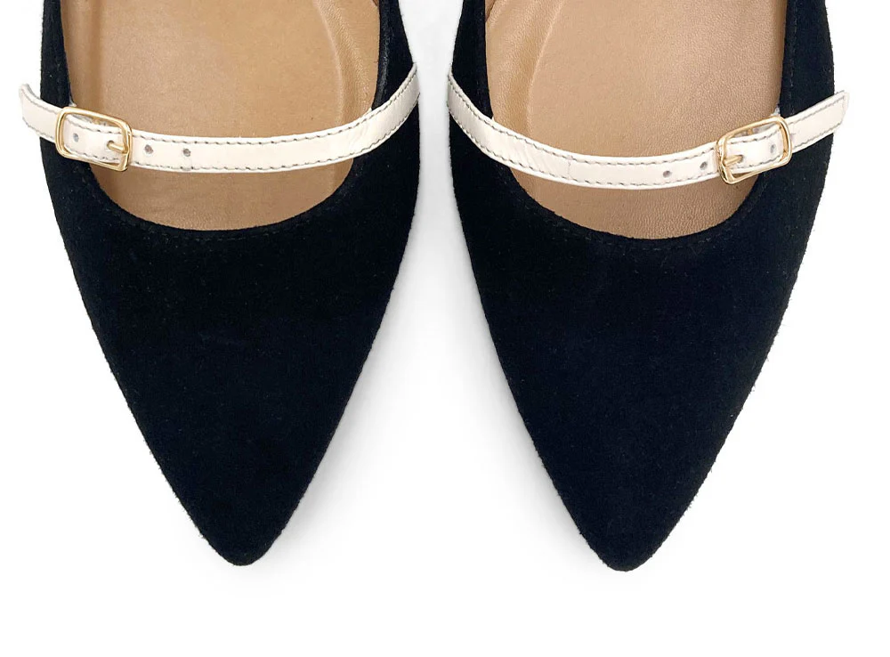 Black suede ballet flats with cream straps - Image 6