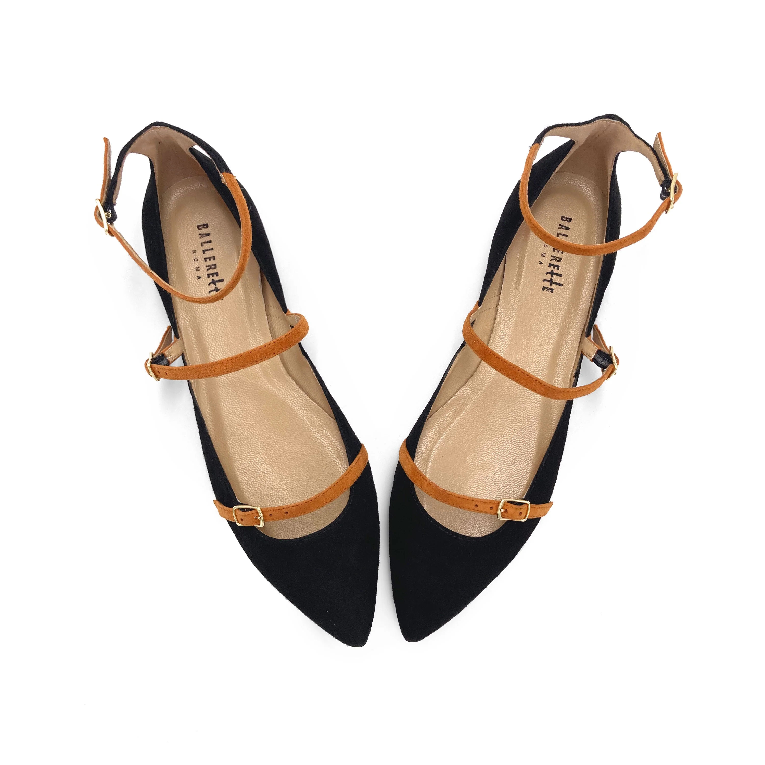 Black suede pointed ballet flats with biscuit-colored straps - Image 2