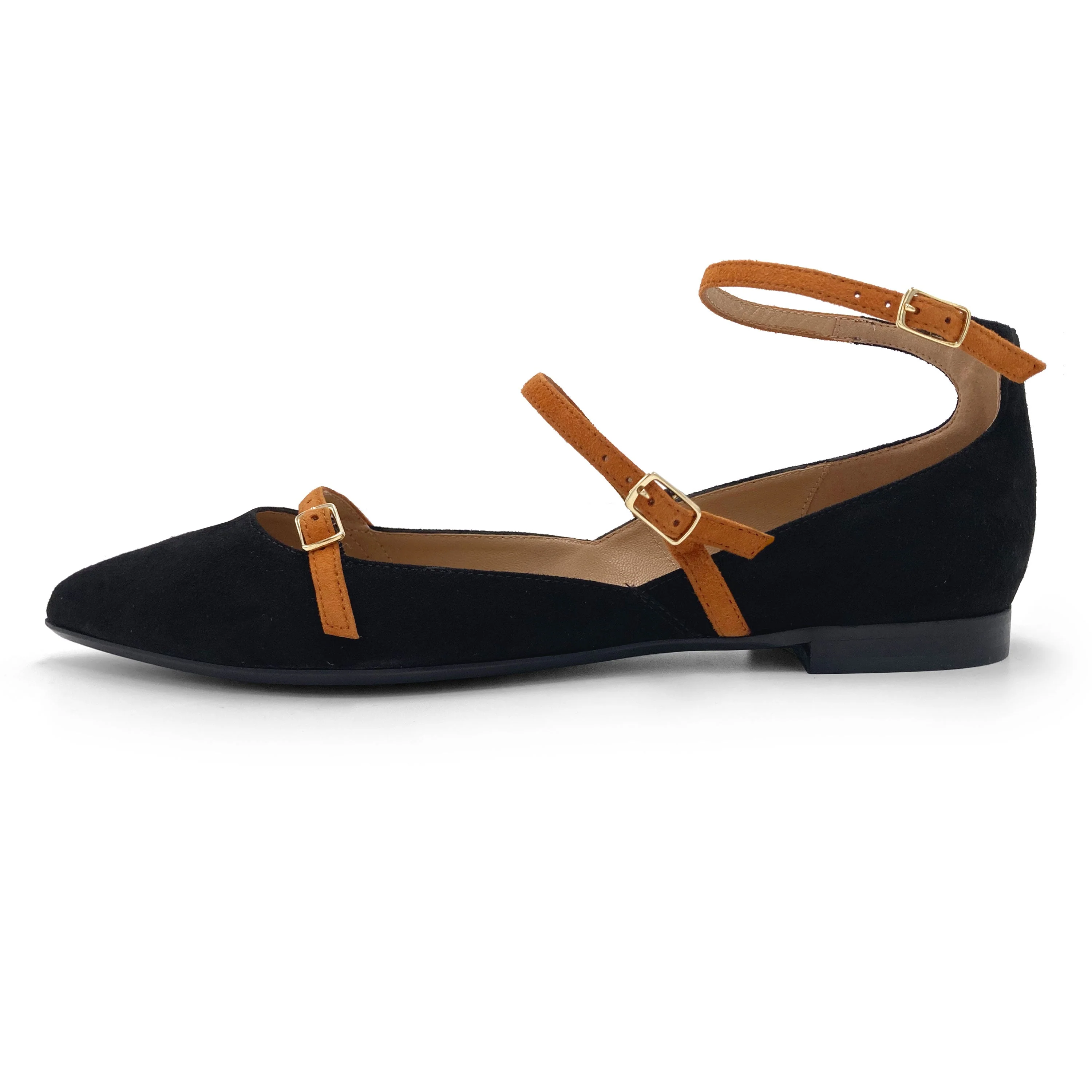 Black suede pointed ballet flats with biscuit-colored straps - Image 3