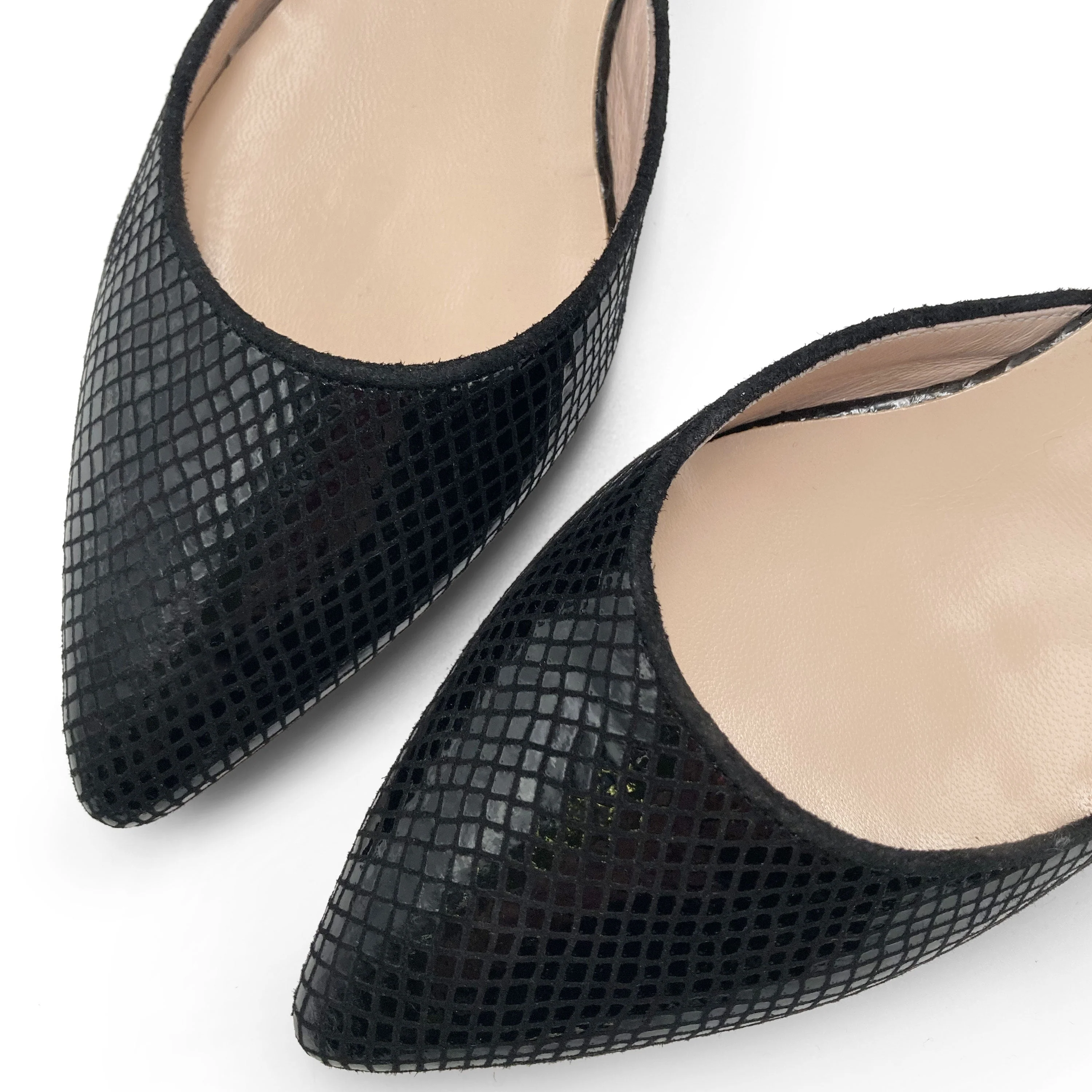 Black Summer mule shoes in laminated animal print suede with ankle tie - Image 4