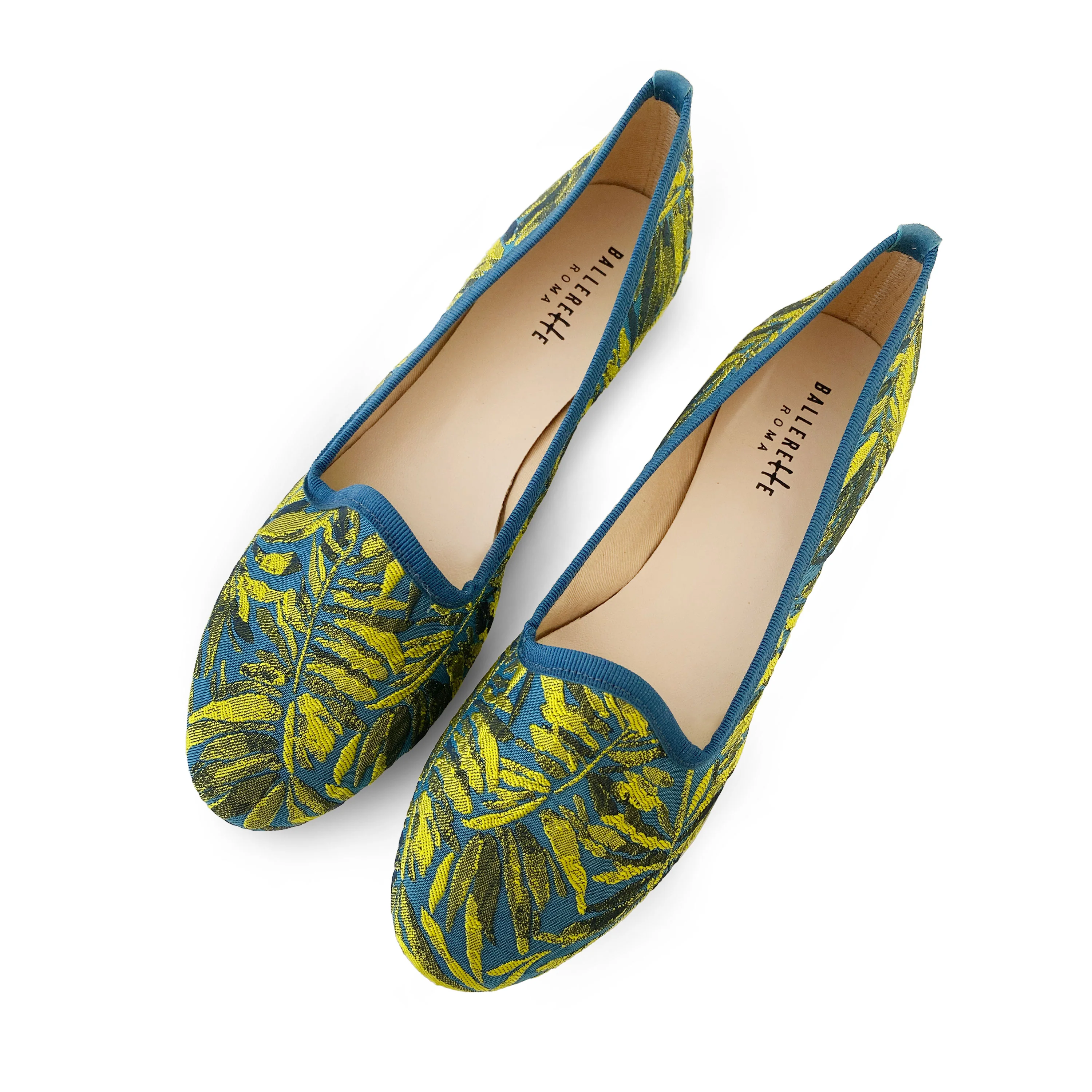 Blue and yellow jacquard loafers with tropical print - Image 2