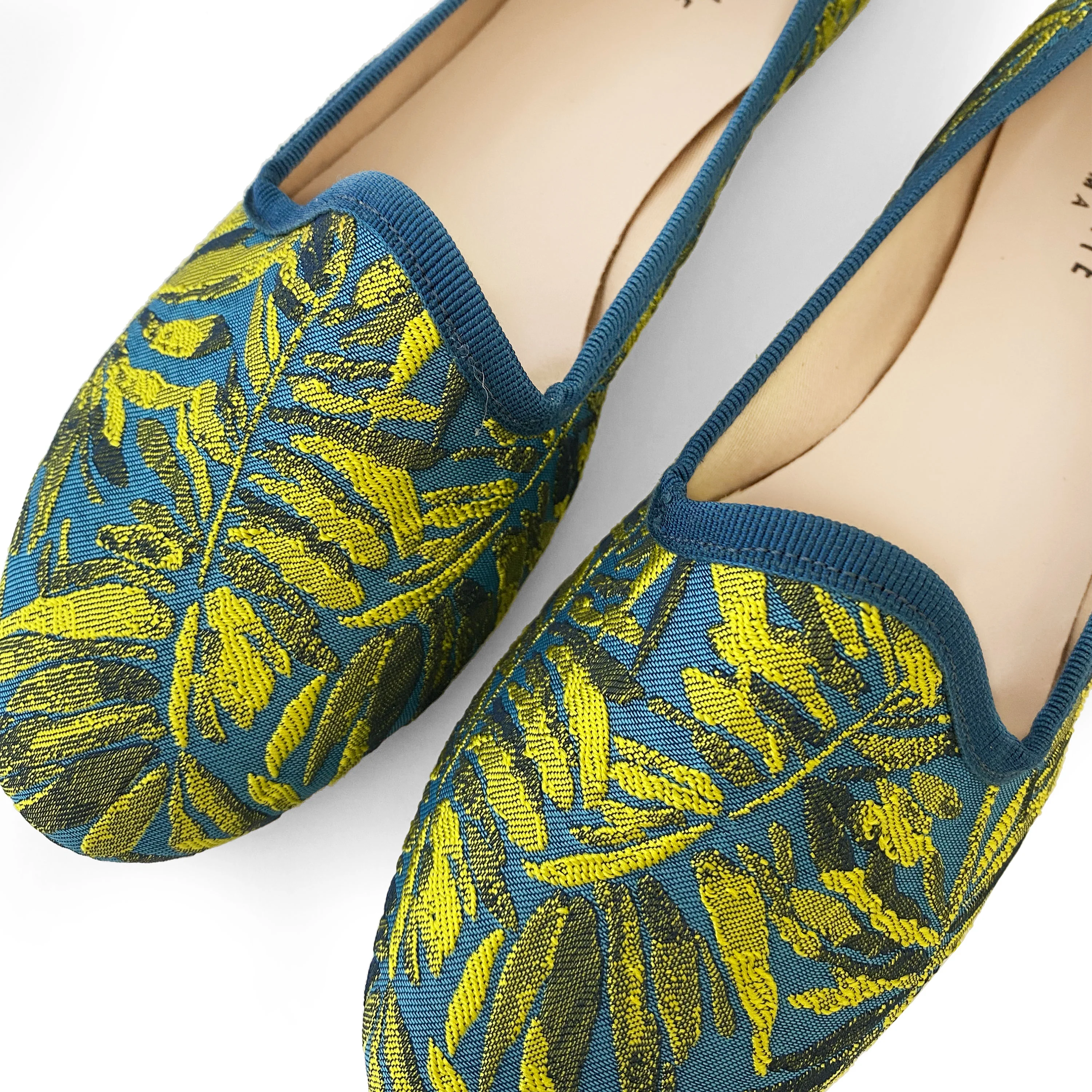 Blue and yellow jacquard loafers with tropical print - Image 3