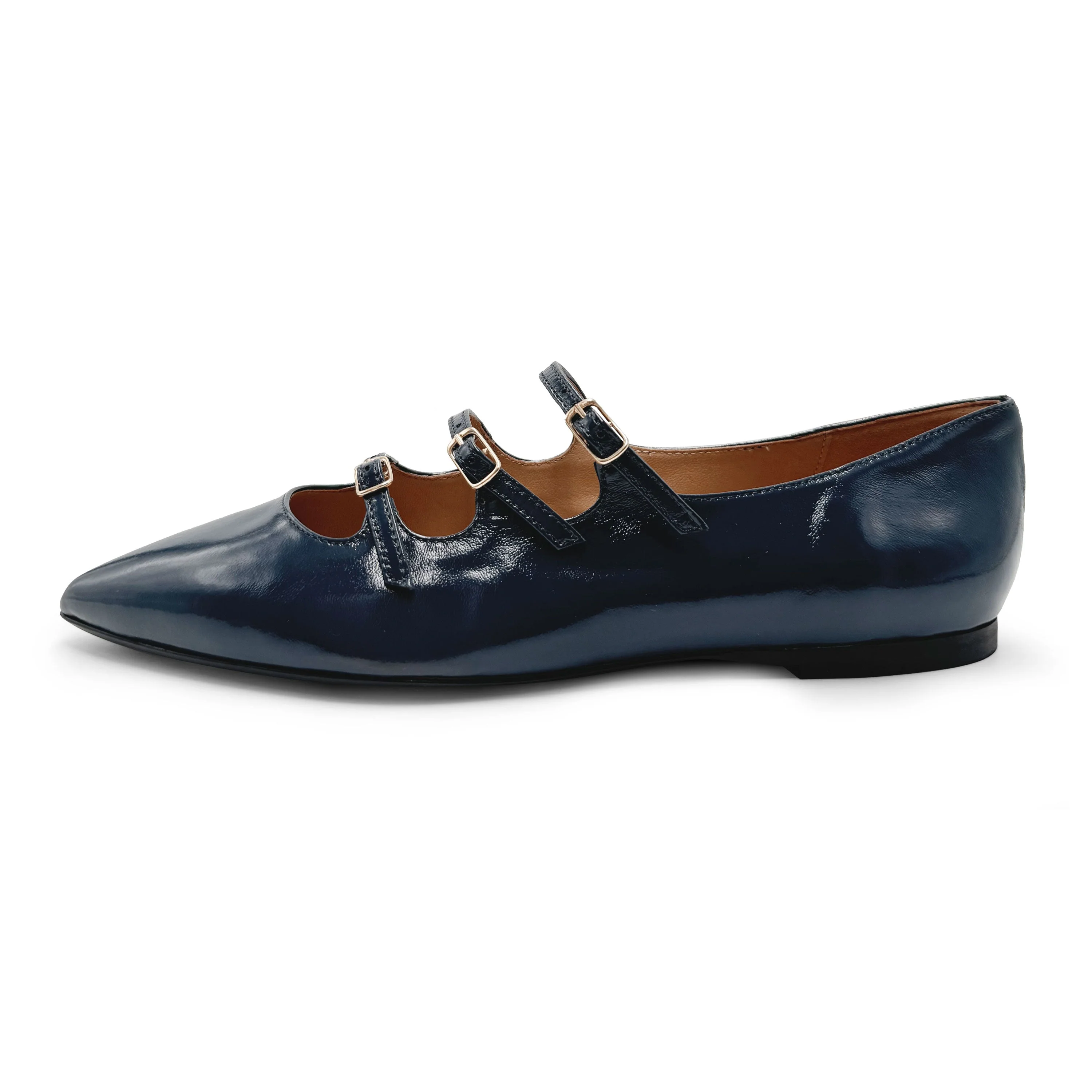 Blue shiny pointed-toe ballet flats with straps - Image 2