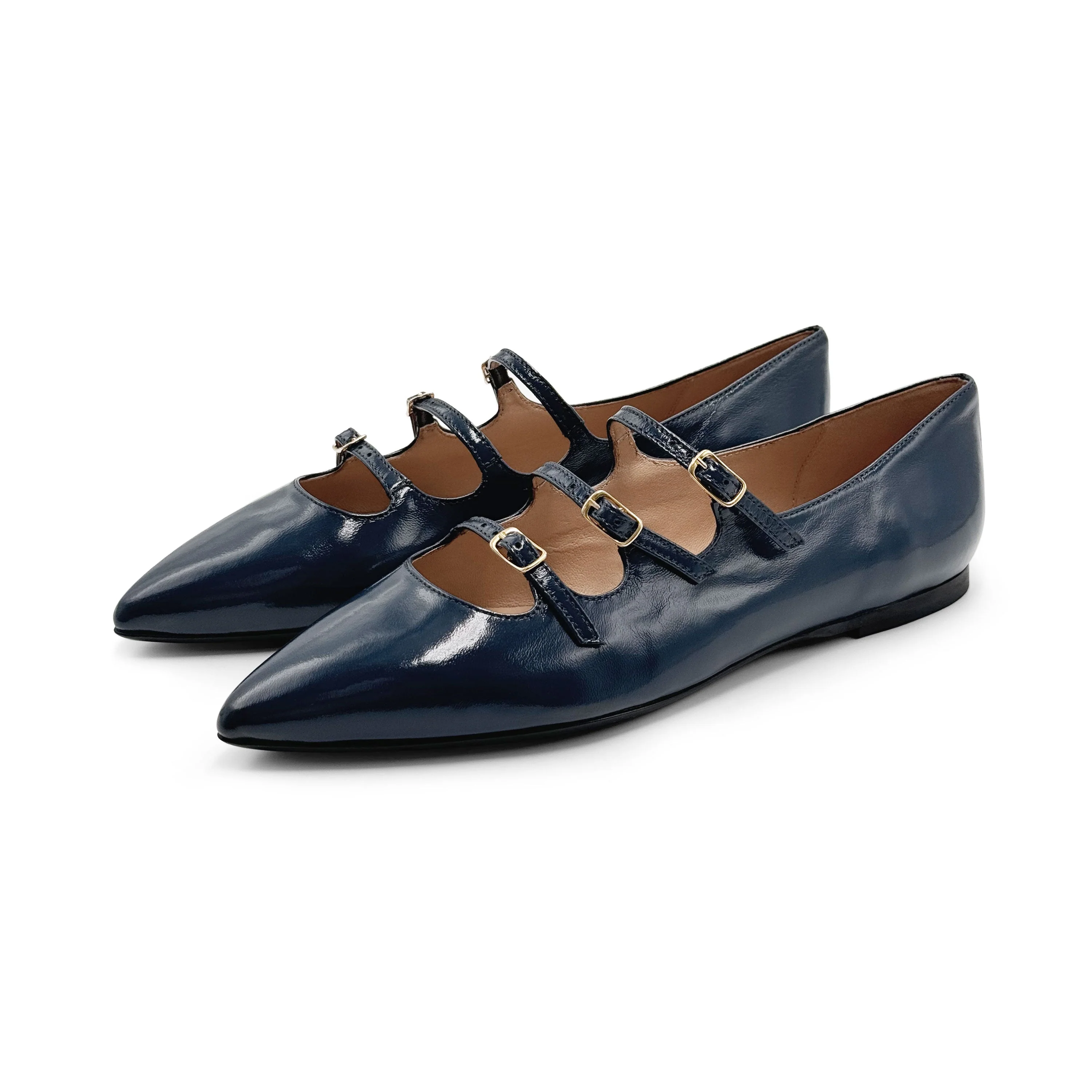 Blue shiny pointed-toe ballet flats with straps - Image 3