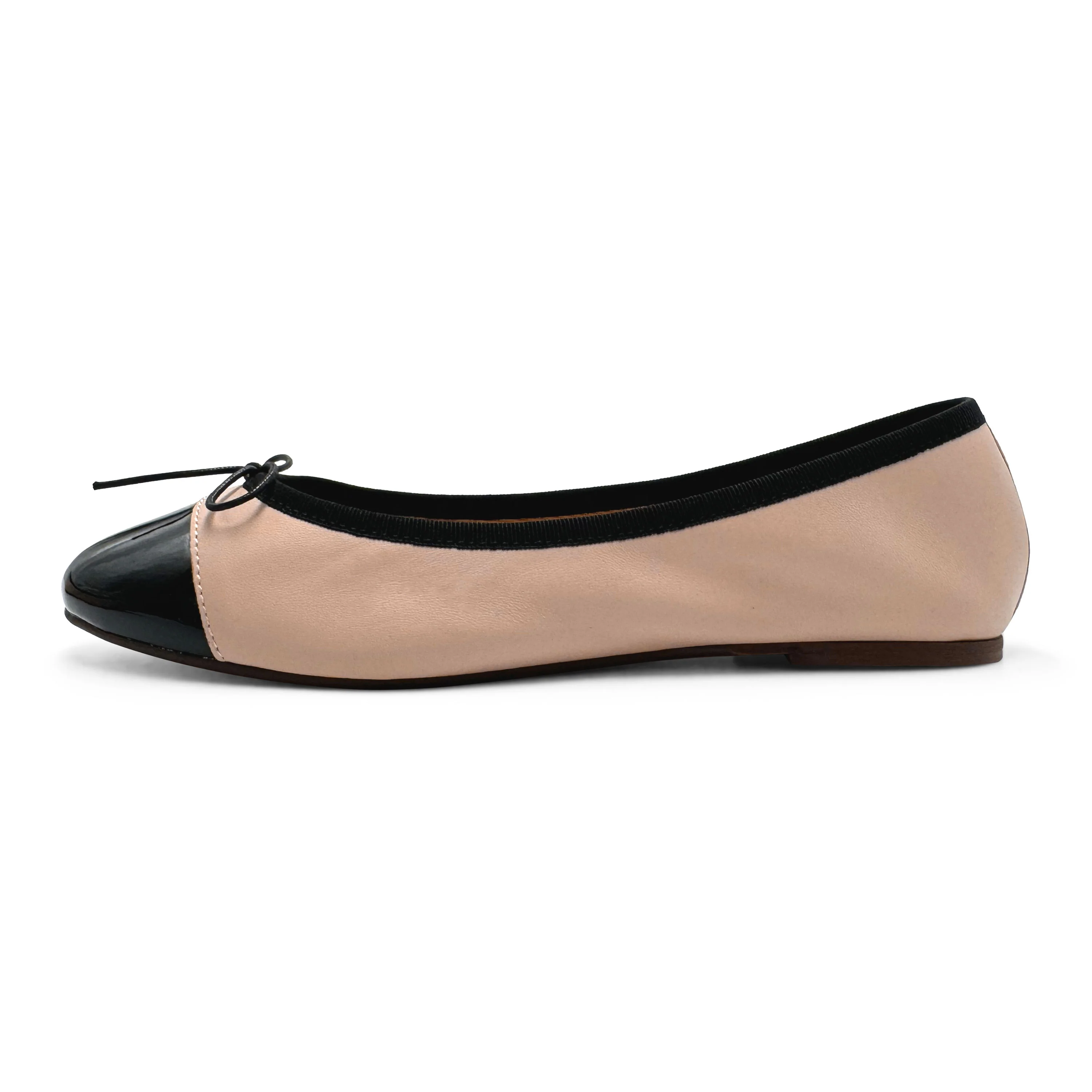Blush pink leather ballet flats with black patent toe - Image 3