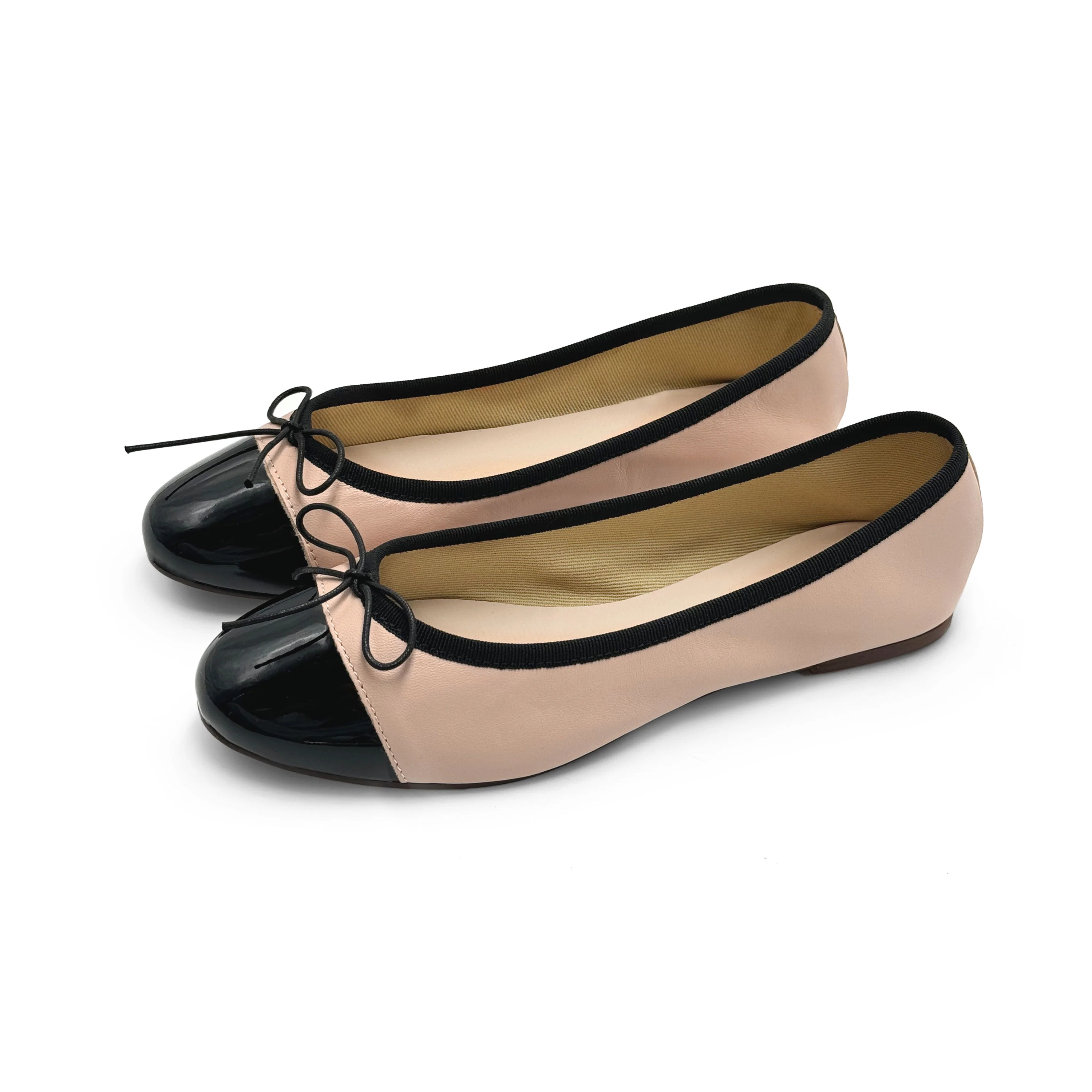 Blush pink leather ballet flats with black patent toe - Image 5