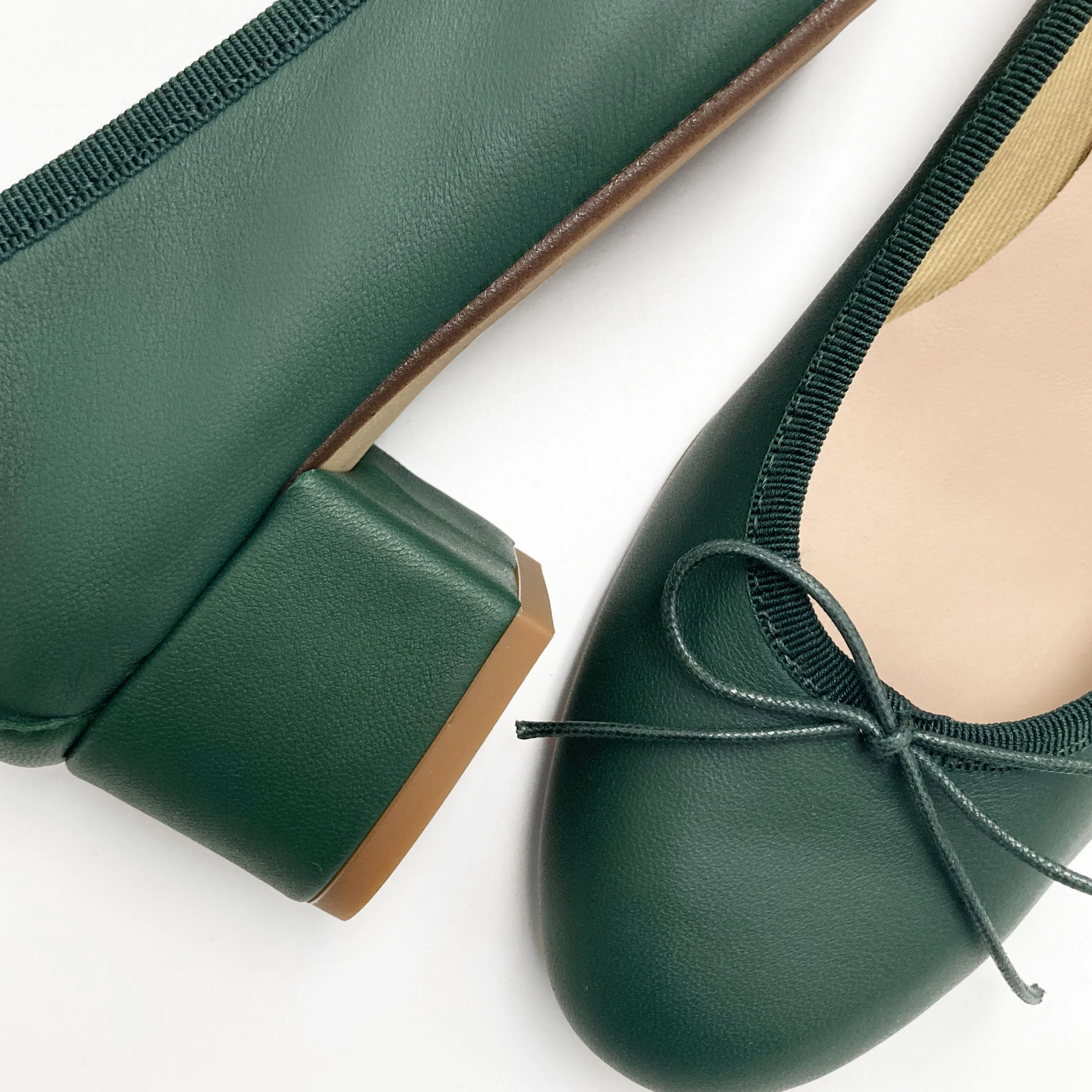 Bottle green leather ballet shoes with heels - Image 3
