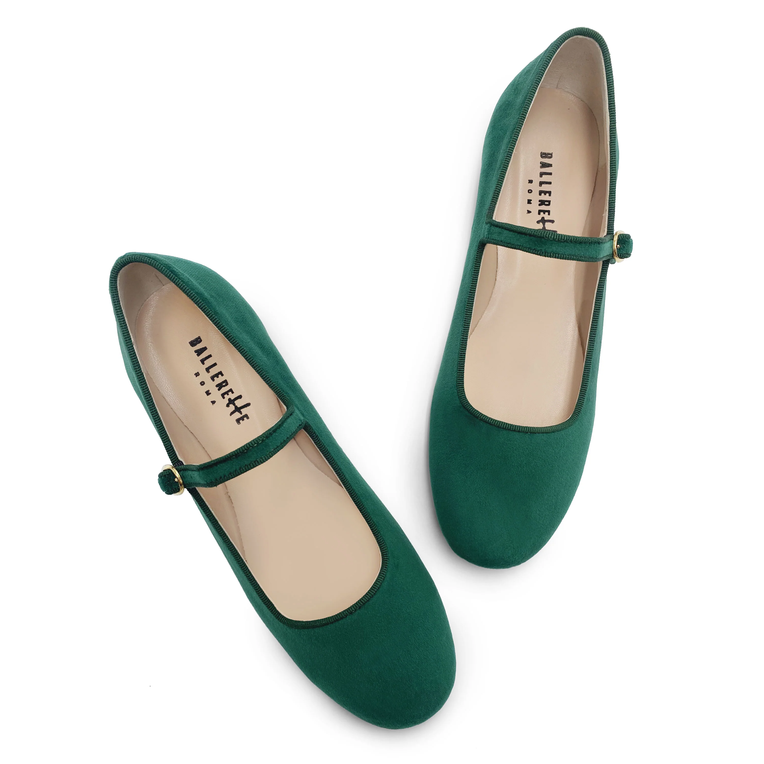 Bottle green velvet ballet flats with strap - Image 2