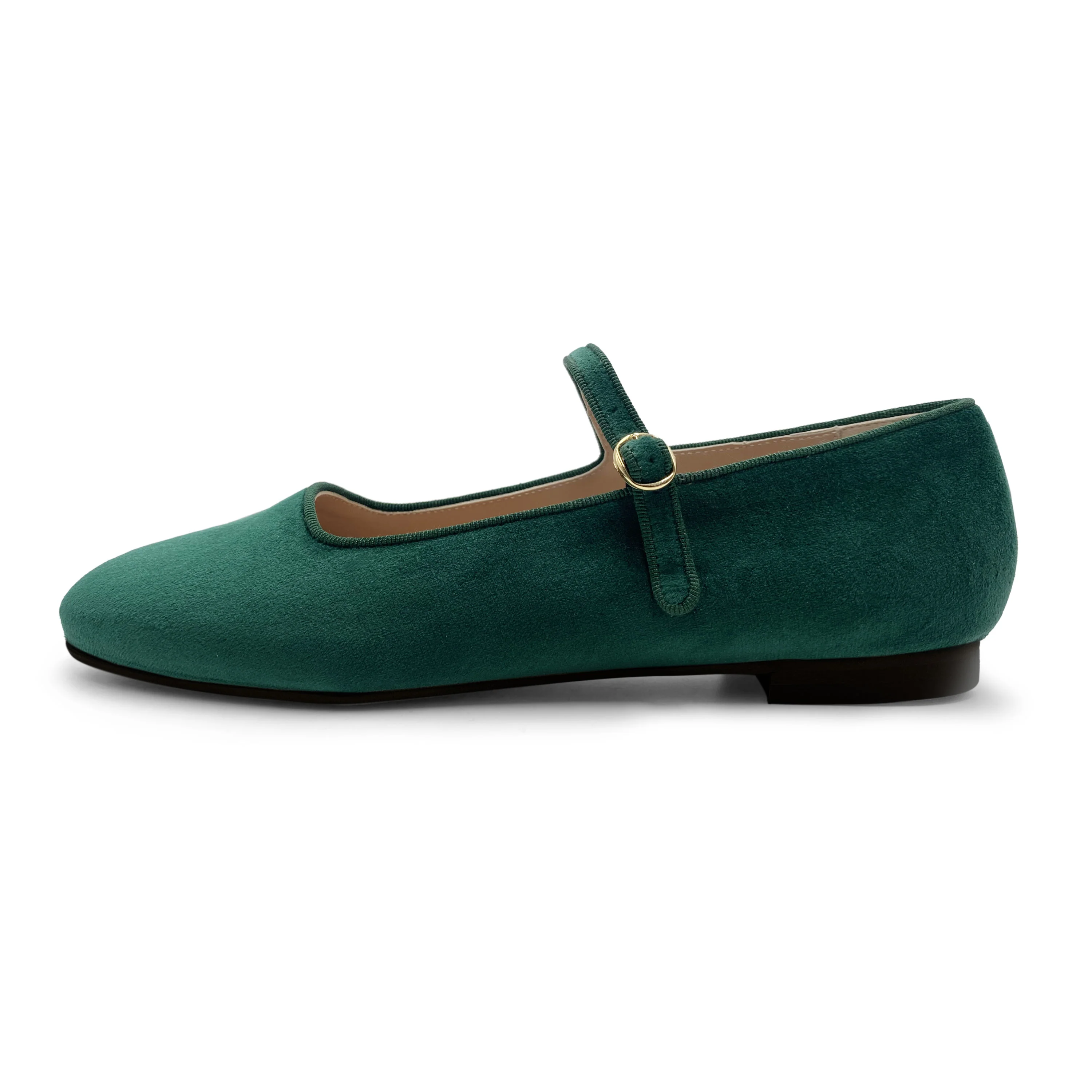 Bottle green velvet ballet flats with strap - Image 3