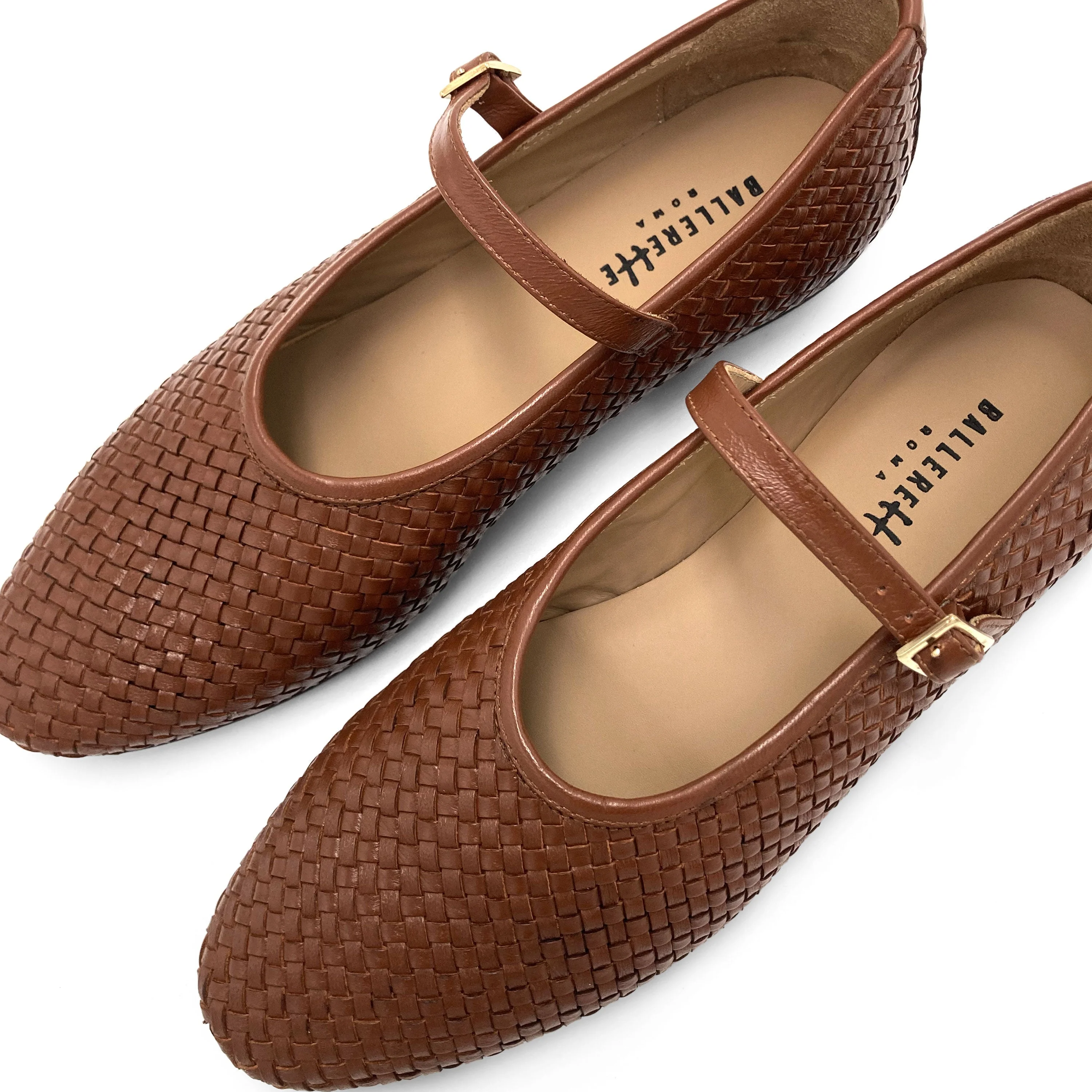 Brown high cut handwoven leather ballet flats with strap - Image 3
