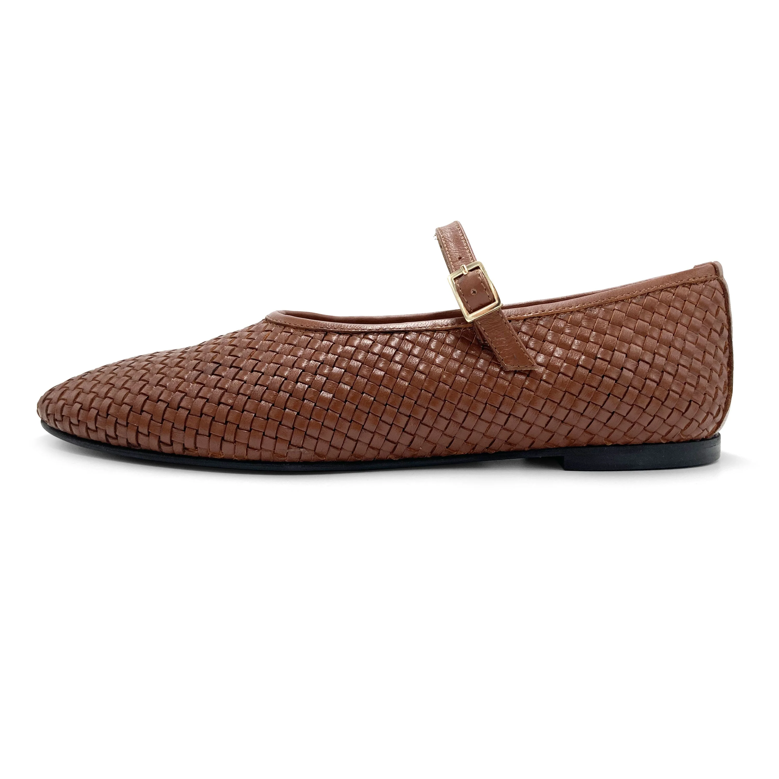 Brown high cut handwoven leather ballet flats with strap - Image 4