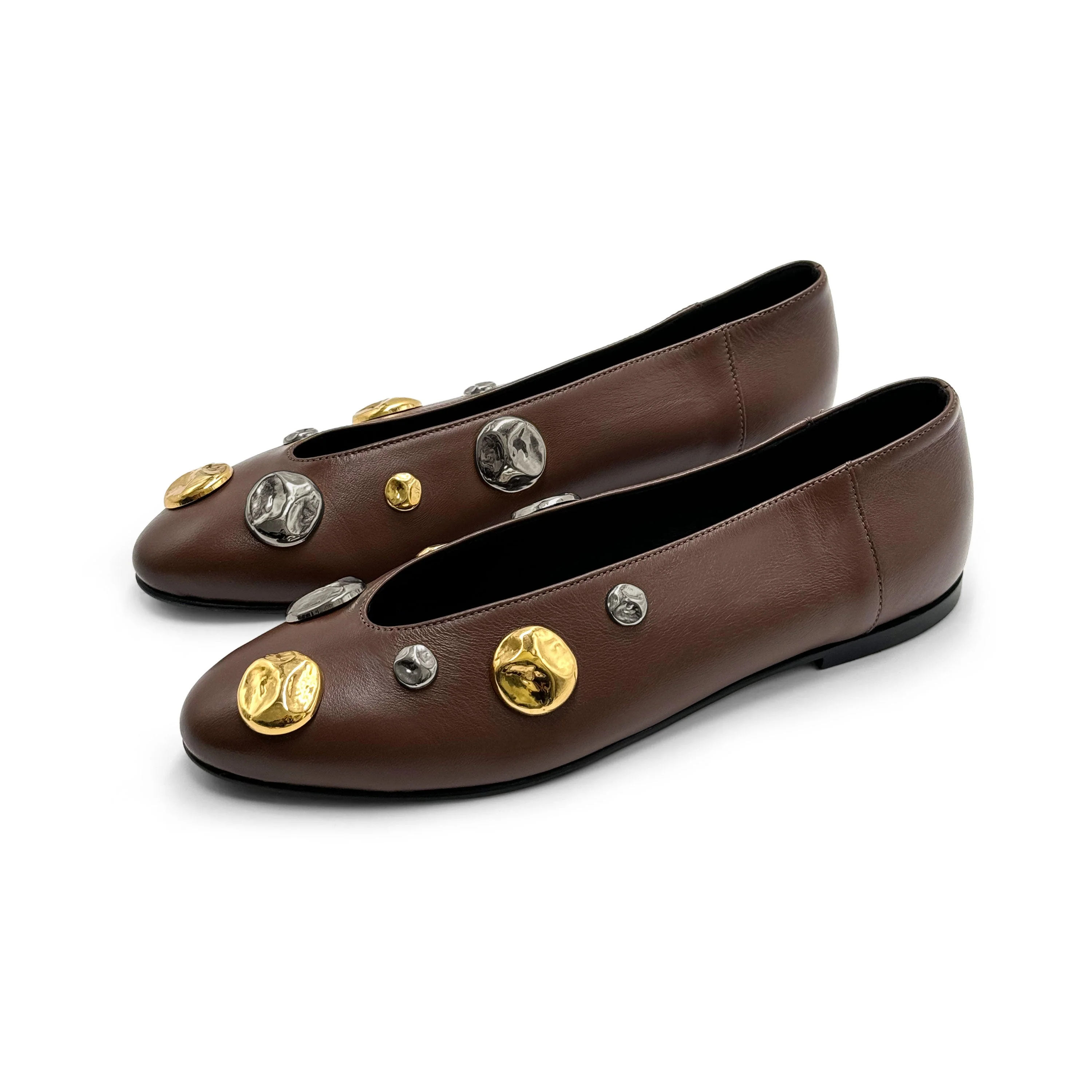 Brown leather ballet flats with V-cut and gold and iron studs - Image 3